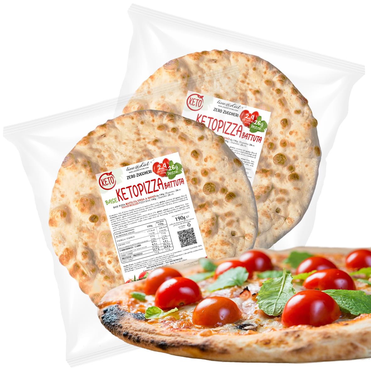 2 fonds de pizza keto Line@diet | 2 paquets de fonds de pizza sans sucre de 190 g, riches en protéines et en fibres | étalés à la main en Italie