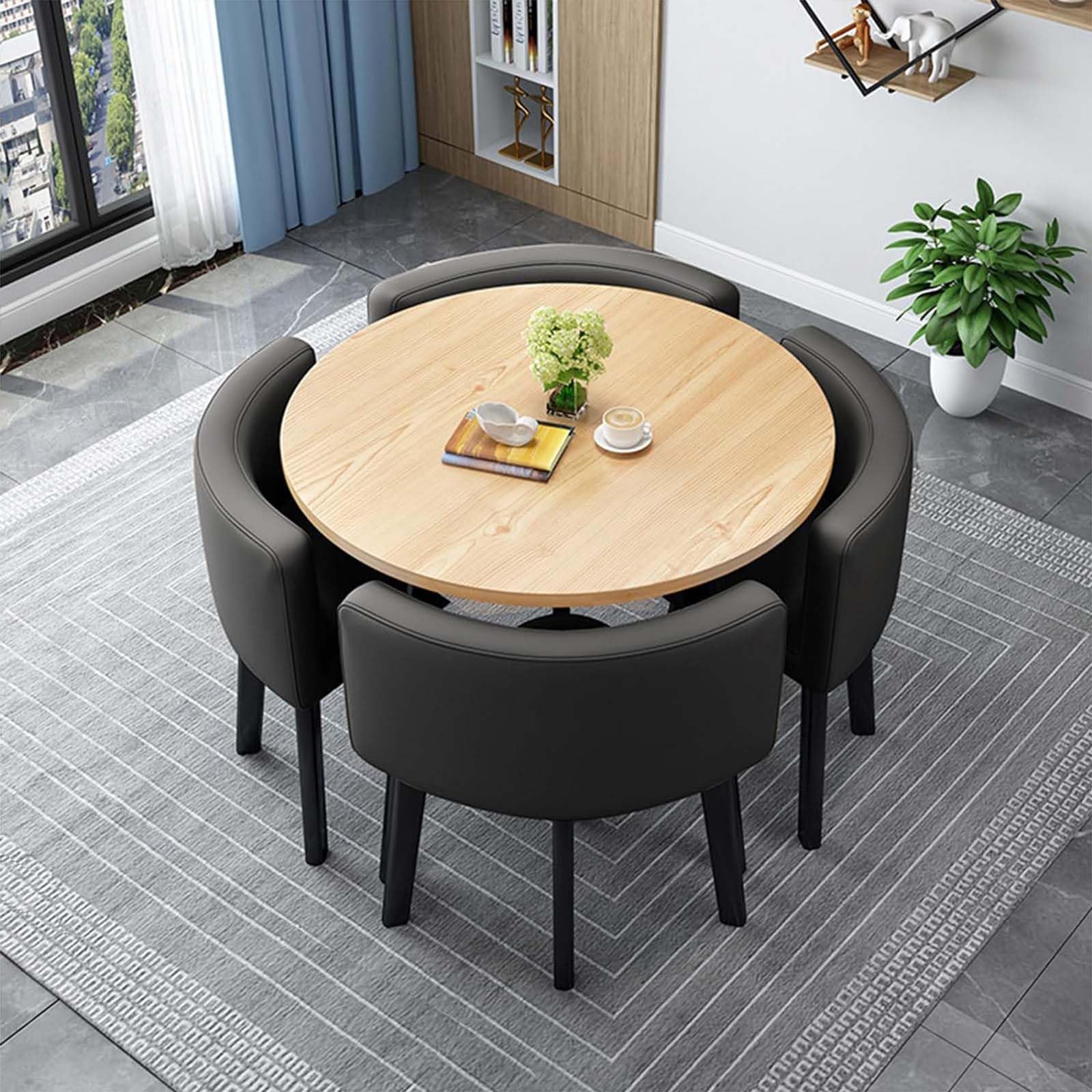 WOTZOV Modern Round Square Dining Table Set With 4 Chairs Wooden Conference Table & Reception Set 80Cm/31.5In Kitchen Furniture Ensemble,H 80cm/31.5in