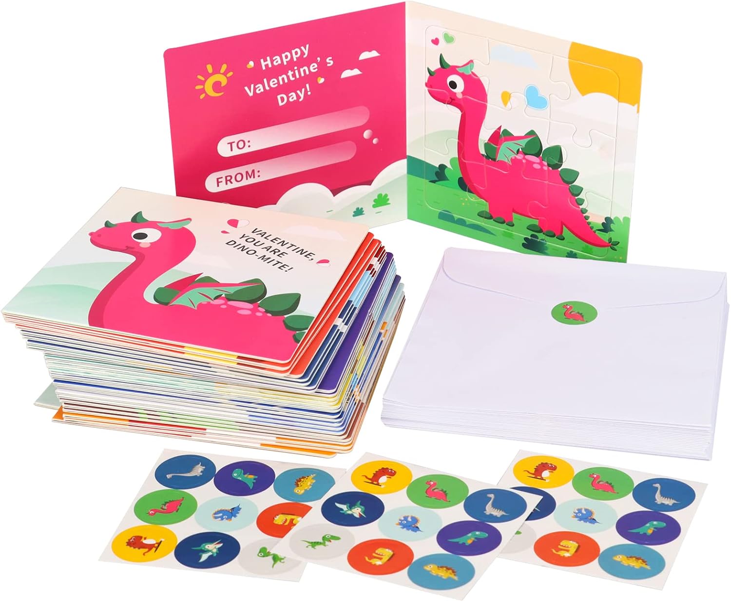 Valentine's Day Puzzle for Kids, 27 Pack Dinosaur Jigsaw Puzzle Cards with Envelopes & Stickers Bulk -for School Classroom Class Boys Girls Toddlers Gift Exchanges and Kids Valentines Party Favor Sets