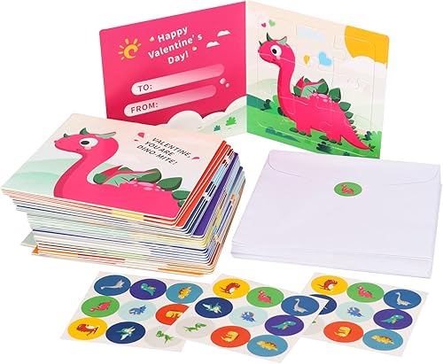 Miniatura 8 de POPGIFTU Tarjetas de regalo para el día de San Valentín para niños, 9 tipos, paquete de 27 tarjetas de rompecabezas de dinosaurio con sobres y