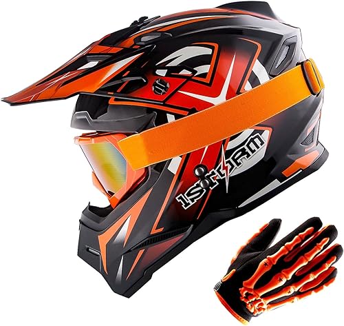 1Storm Casco de motocross BMX MX para jóvenes, estilo de carreras para adolescentes naranja de carreras + gafas + guante de esqueleto