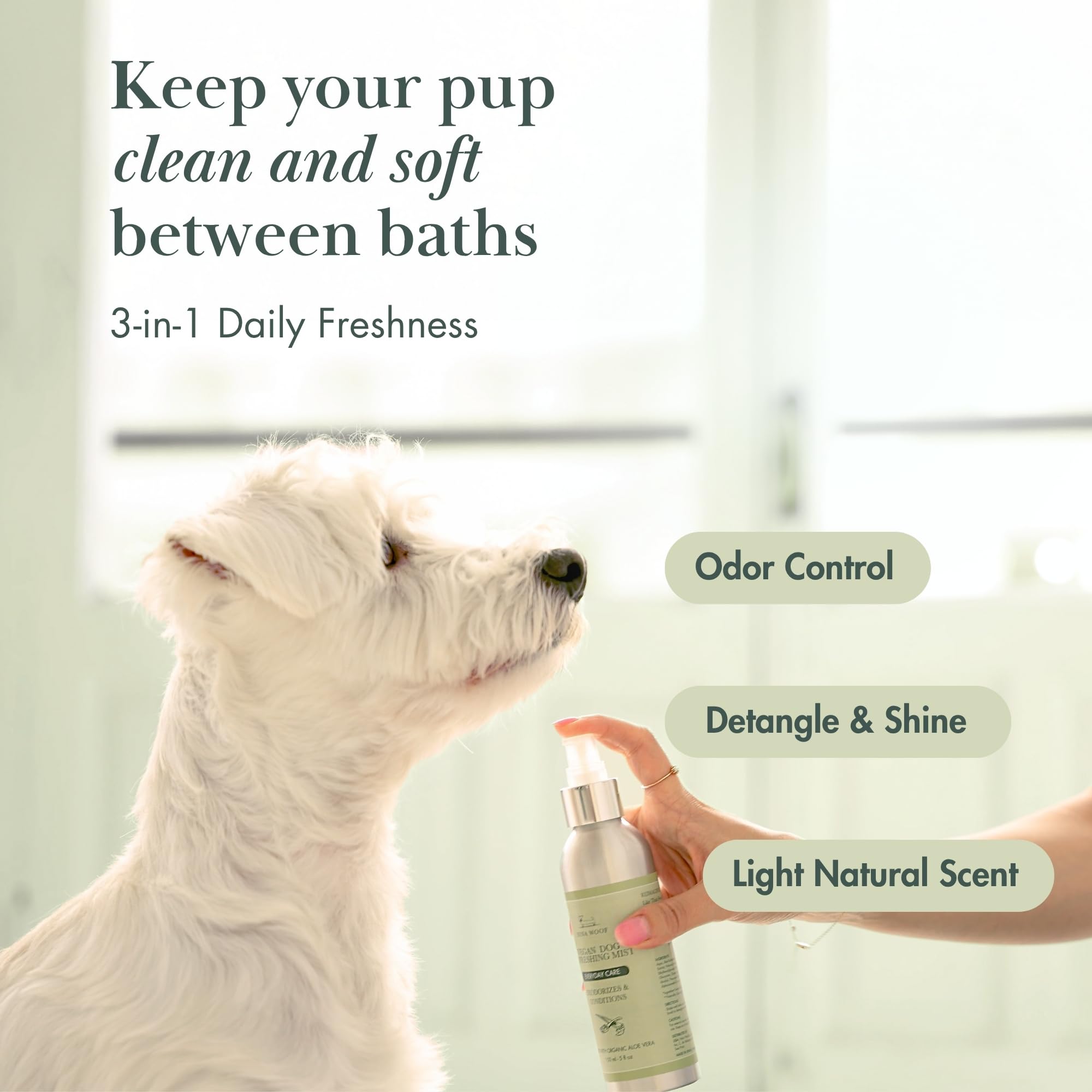 Spray désodorisant vegan pour chien Nina Woof – neutralise les odeurs, rafraîchit & démêle le pelage – pH équilibré – 150 mL