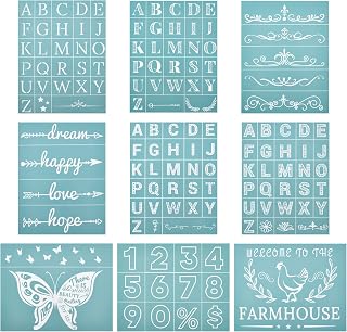 OLYCRAFT 9PCS 8.6x11 Inch Self-Adhesive Silk Screen Printing Stencil Set Alphabet Theme Stencil Set Reusable Silk Screen Mesh Transfer for Painting on Wood Fabric T-Shirt Wall and Home Decorations