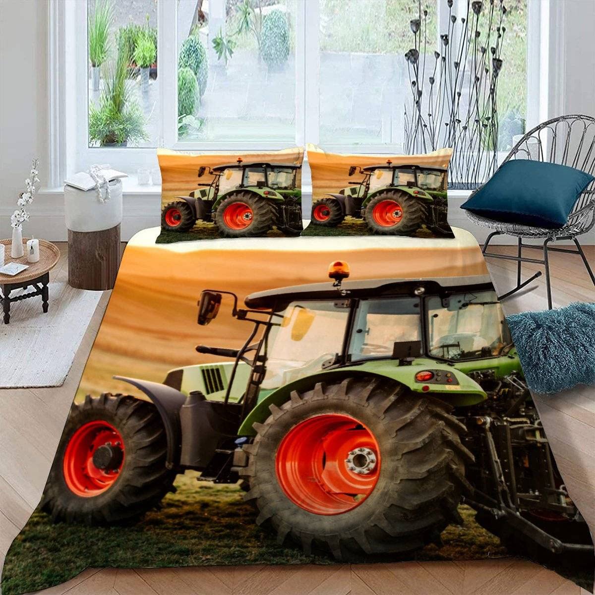 RFFLUX 3D Tractor Single Duvet Cover Set 3 Pieces 135x200 Soft Microfiber Farm Combine Harvester Quilt Cover with Zipper Closure Easy Care Bedding Set with 2 Pillowcase for Kids Boys Girls Teens