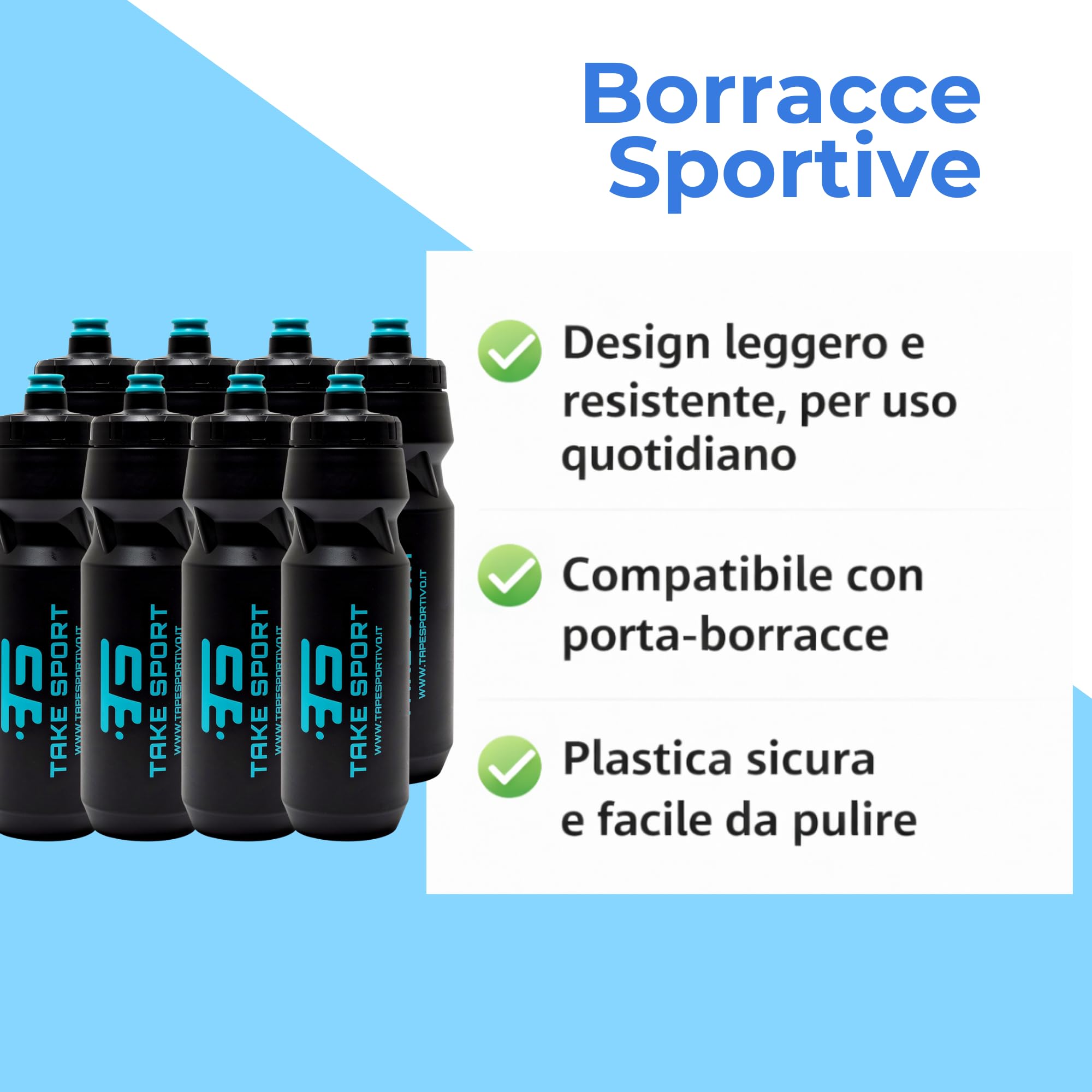 TS TAKE SPORT -Sportflasche 1 Liter aus lebensmittelechtem PP 8 Stück – Wasserflasche Fitnessstudio mit luftdichtem auslaufsicherem Deckel – Trinkflasche für Laufen, Radfahren und Team Sport