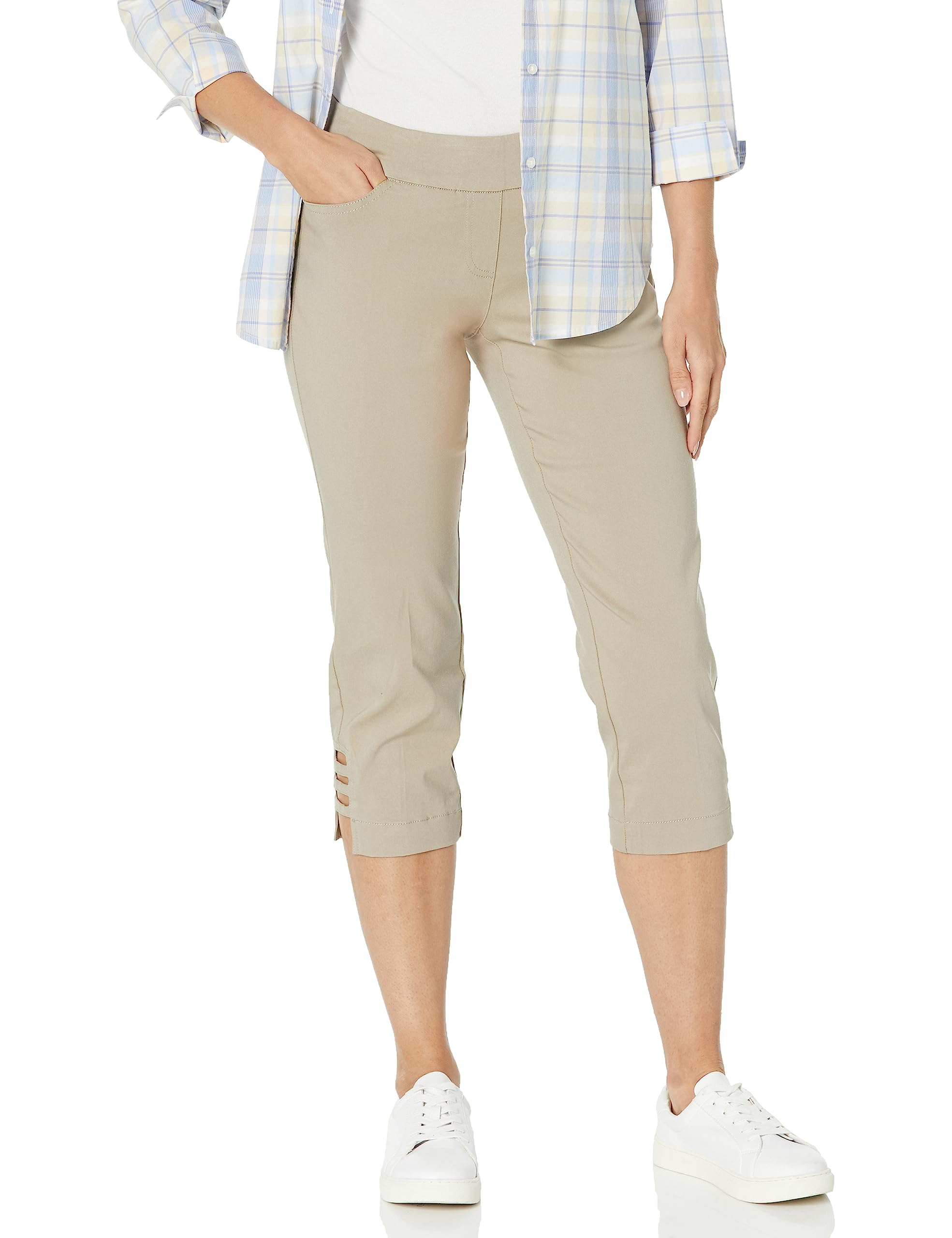 Slim-Sation Womens Pull on Solid Crop with Real Front Back Pockets StrapsPants