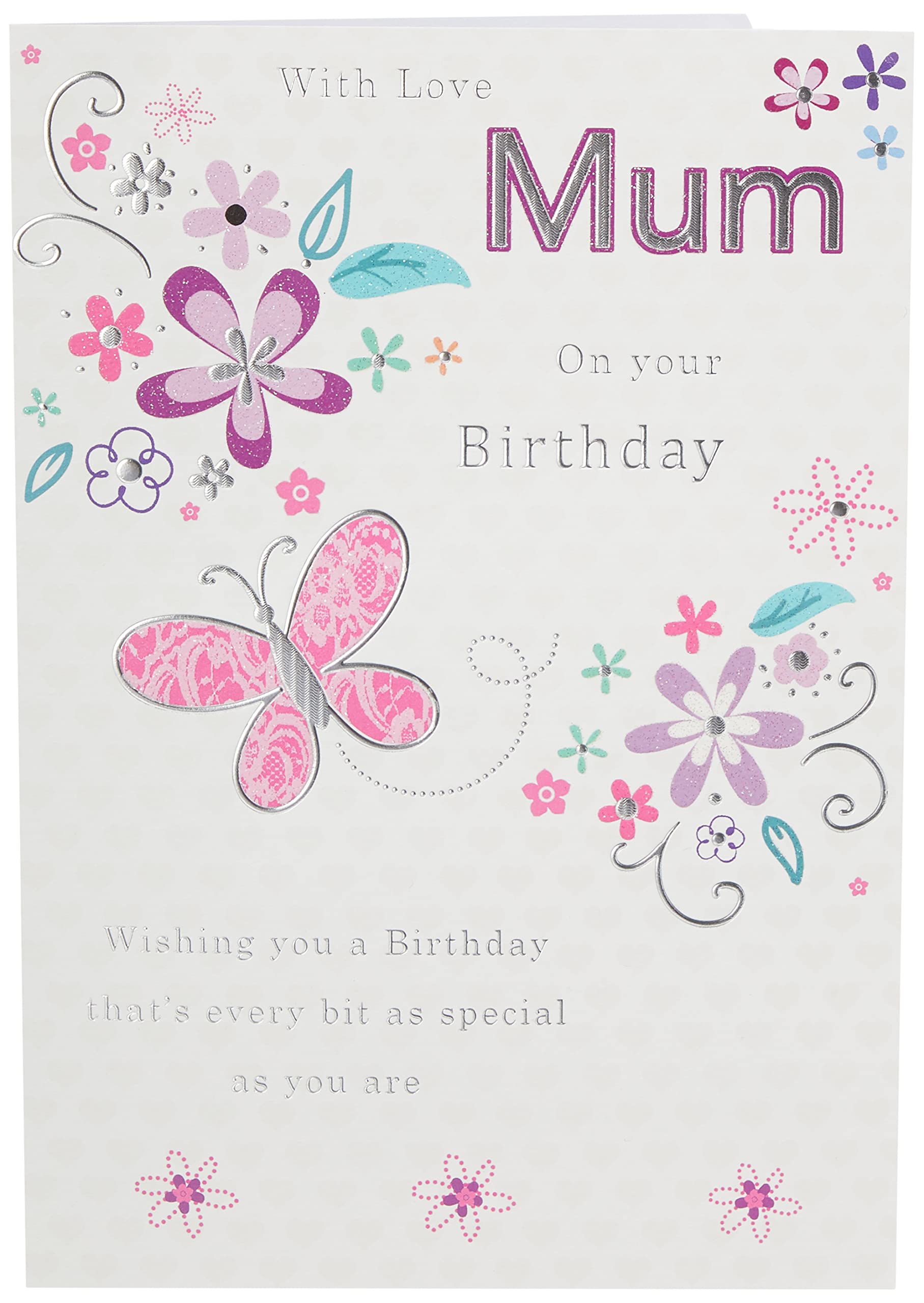 Mum Birthday Card. Butterfly and Flowers. 23x15cm