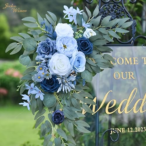 Miniatura 6 de Juego de 2 guirnaldas de flores de boda (paquete de 2) para ceremonia de boda, letreros de bienvenida y decoración de fondo de recepción (azul)