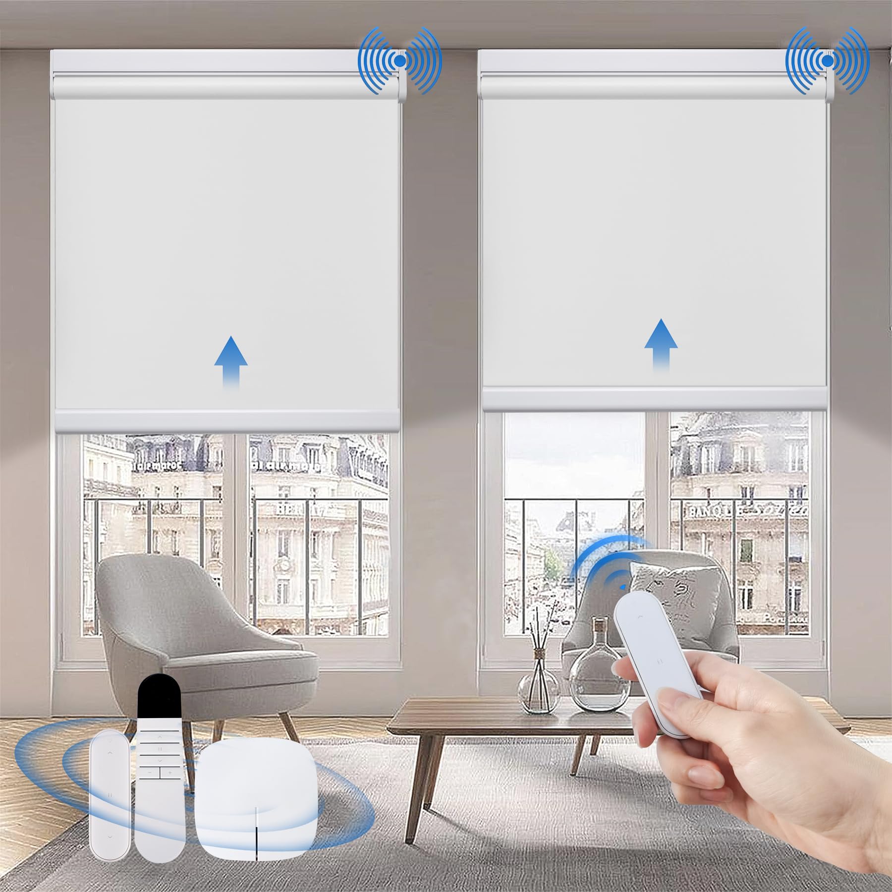 Grandekor Motorized Roller Shade with Remote Control,Motorized Blinds 100% Blackout Electric Shades, Cordless Window Blinds Shades for Bedroom Living Room Office,White,W33 xH72