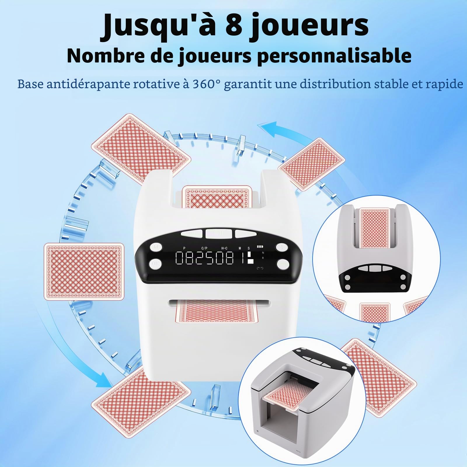 Distributeur de Cartes Automatique, Distributeur Automatique de Cartes pour 8 Joueurs, Rotation 360°, Rechargeable & Silencieux pour UNO, Poker, Monopoly Deal, Bycicle et Maverick