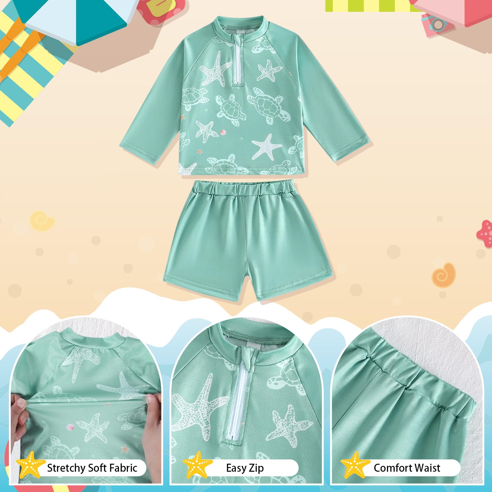 Conjunto de baño de Dos Piezas para niños pequeños Gorro Camiseta de baño de Manga Larga y Pantalones Cortos para la Playa la Piscina y Las Vacaciones