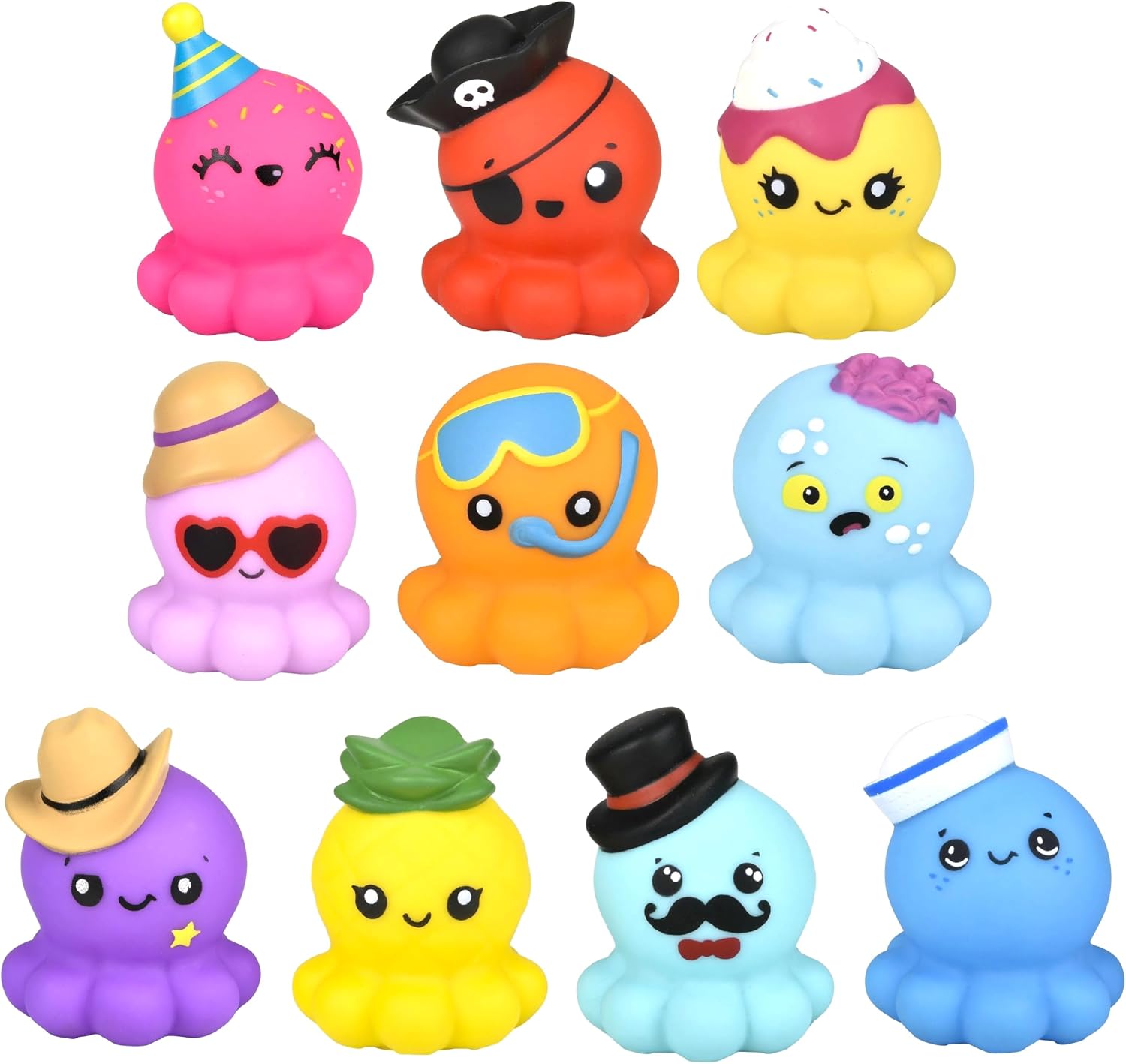 Zugar Land Rubber Octopus Toy Assortment - Pack (2") Colorful Soft Rubber Octopus Figurines as Sailor, Cupcake, Pirate, Pineapple, Cowboy, Zombie, and More (50, Octopuses)