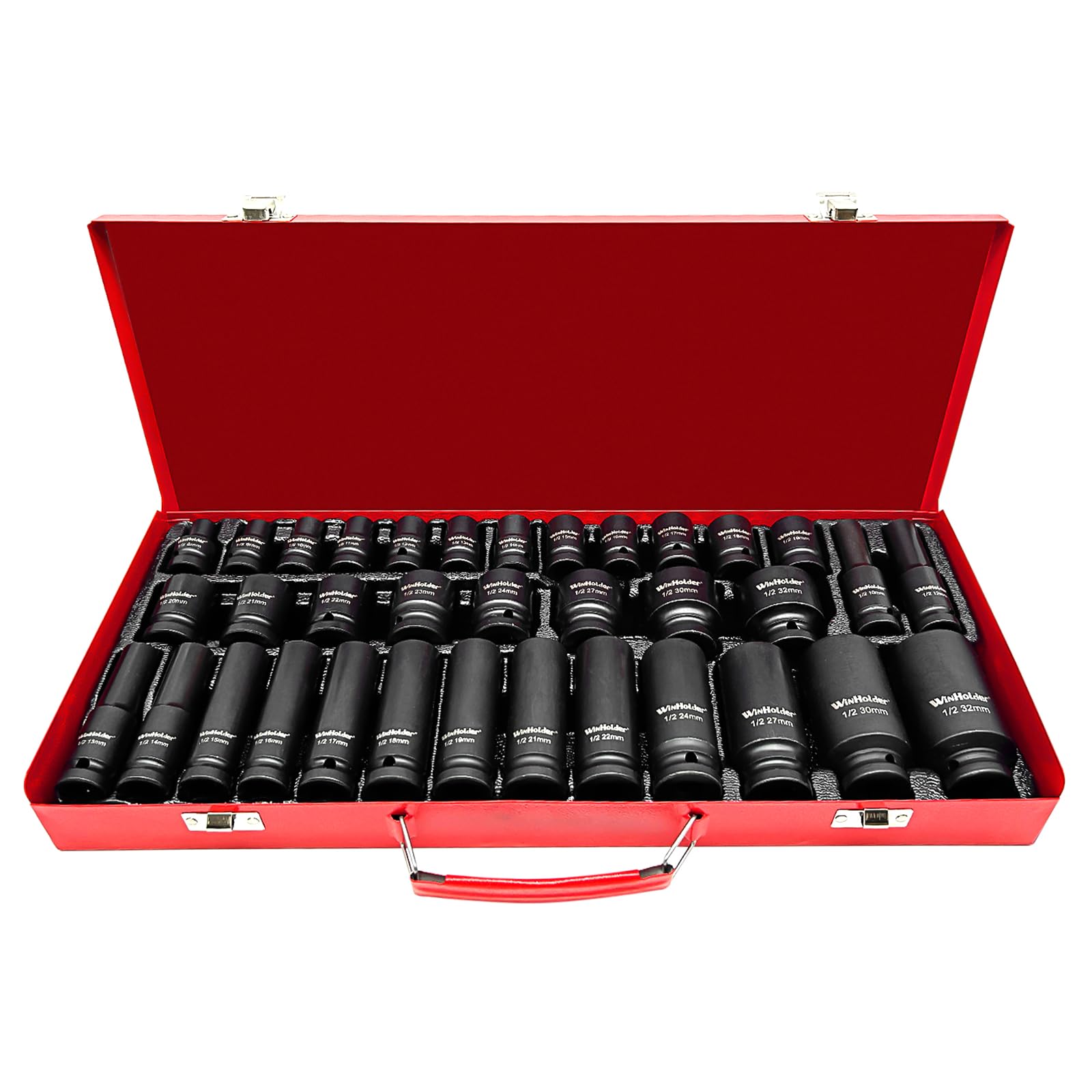 WinHolder 35PC 6 Pt Deep Impact Socket Set 1/2DR Metric 8-32mm/8PC Impact Socket Adaptor Set 1/4" 3/8" 1/2" 3/4" Step Up/Down Reducer (35PCS Red Metal Case)