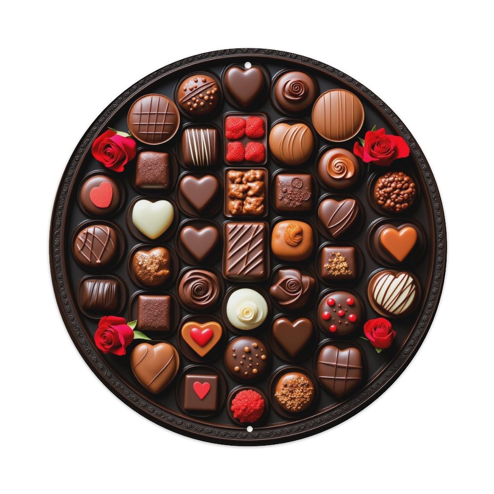 Heart Shape Chocolate Assortment Pattern Round Tin Sign Vintage Metal Poster, Home Bar Garage Man Cave Cafe Indoor & Outdoor Wall Decoration 8x8Inches