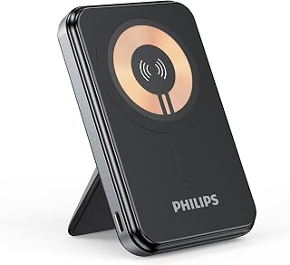 Philips(フィリップス) モバイルバッテリー MagSafe マグネット式 ワイヤレス充電器 5000mAh スタンド付きDLP2551Q | 2台同時充電 usb-c 入出力 ポート パススルー機能搭載 iPhone 17 16 15 14 13 12 Android iOS 機種対応 小型 軽量 機内持込可能 PSE認証済
