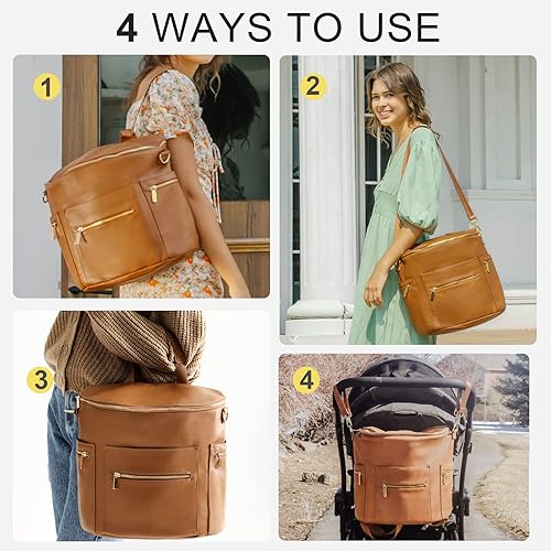 Miniatura 4 de miss fong Mochila para pañales de bebé, bolsa de pañales de cuero, bolsa de pañales con cambiador, correas para cochecito y 2 bolsillos aislados