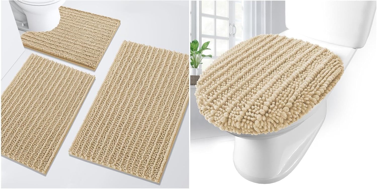 Arotive Luxury Chenille Bathroom Set, Toilet Lid Cover (17.5" x 15") and Bathroom Rugs Set (24" x 16" + 30" x 20" + 24" x 20") in Beige, 4 Item Bundle
