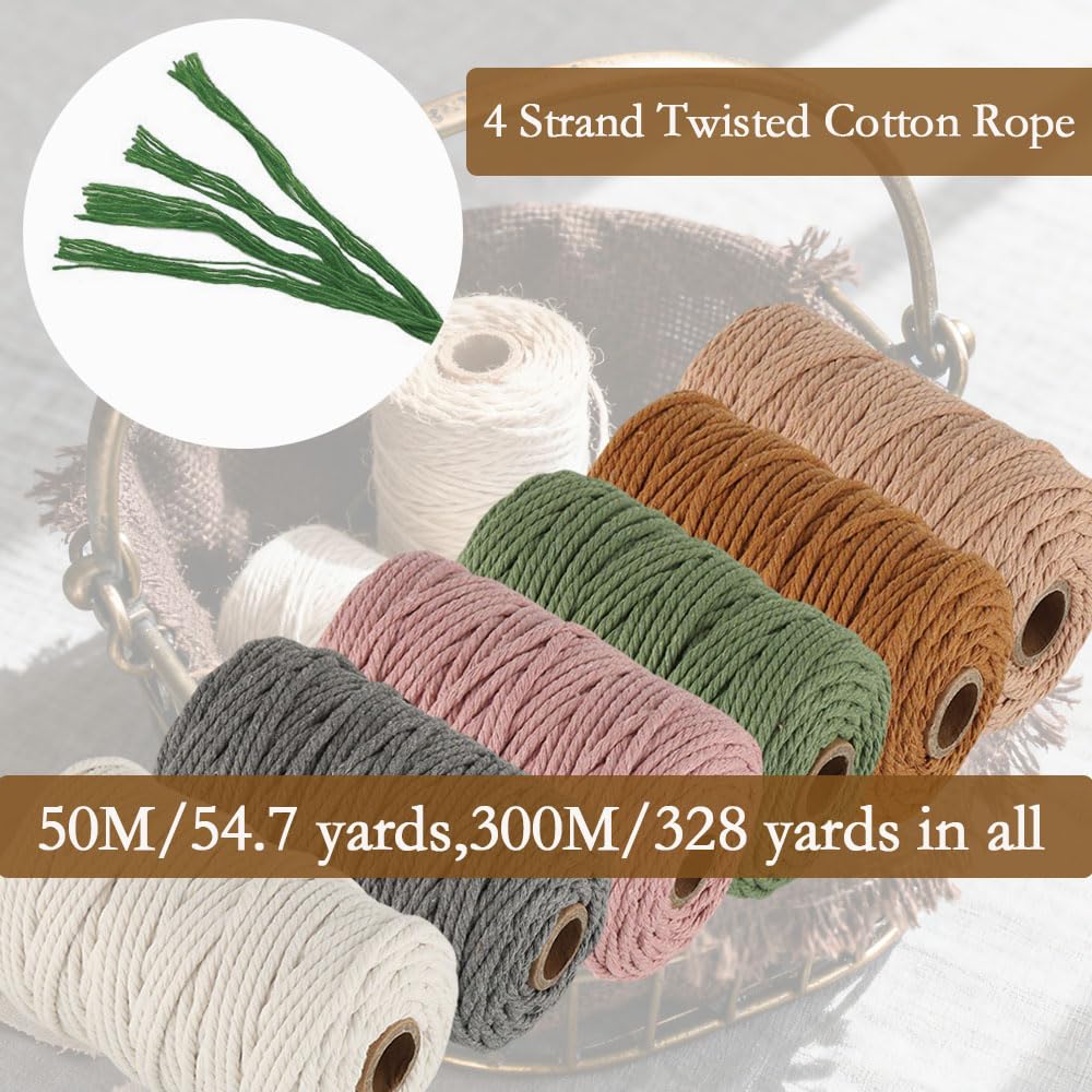 BetterJonny Makramee-Schnur, 3 mm x 300 m, farbiges Makramee-Seil, 4 Stränge, gedrehtes Baumwollseil, Makramee-Garn, bunte Baumwoll-Bastelschnur für Wandbehang, Pflanzenaufhänger, Stricken, Heimwerken