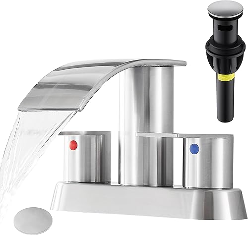 Grifo de lavabo de baño en cascada de 4 pulgadas con drenaje desplegable de 2 o 3 agujeros, grifo mezclador de lavabo con placa de montaje en