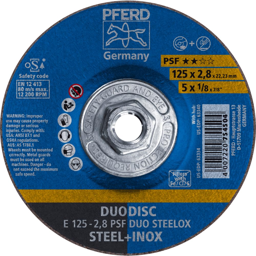 PFERD 5" PSF DUODISC STEELOX Combination Cutting and Grinding Wheel - Type 27, Aluminum Oxide, 1/8" Thick, 5/8-11 Thread, 12200 Max RPM (Pack of 10) - Part 63340
