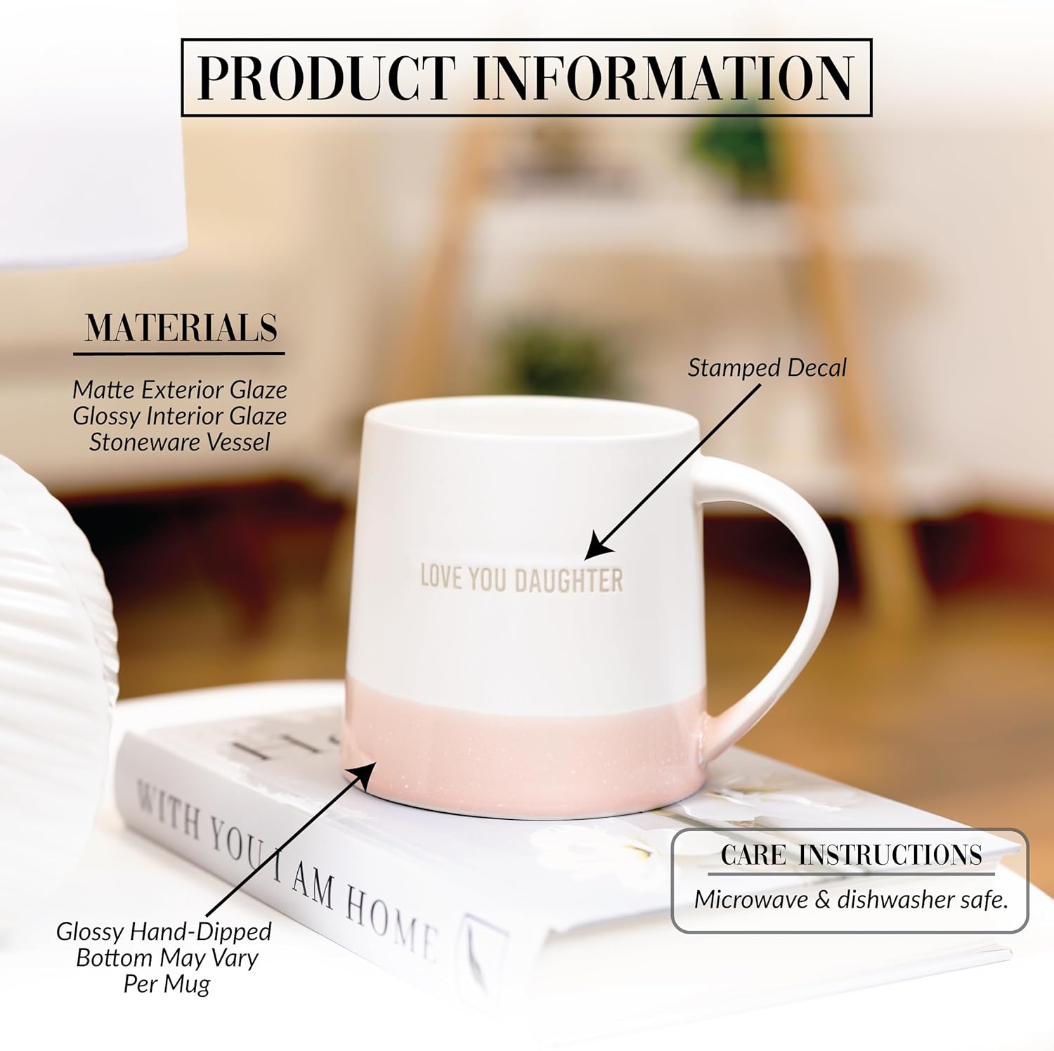 Pavilion Gift Company - Love You Daughter - 17 oz Organic Shaped Pink Dipped Stamped Letter Novelty Coffee Mug Tea Cup Stepdaughter Daughter-In-Law Gift From Mom Dad Neutral Home Modern Present - Image 3