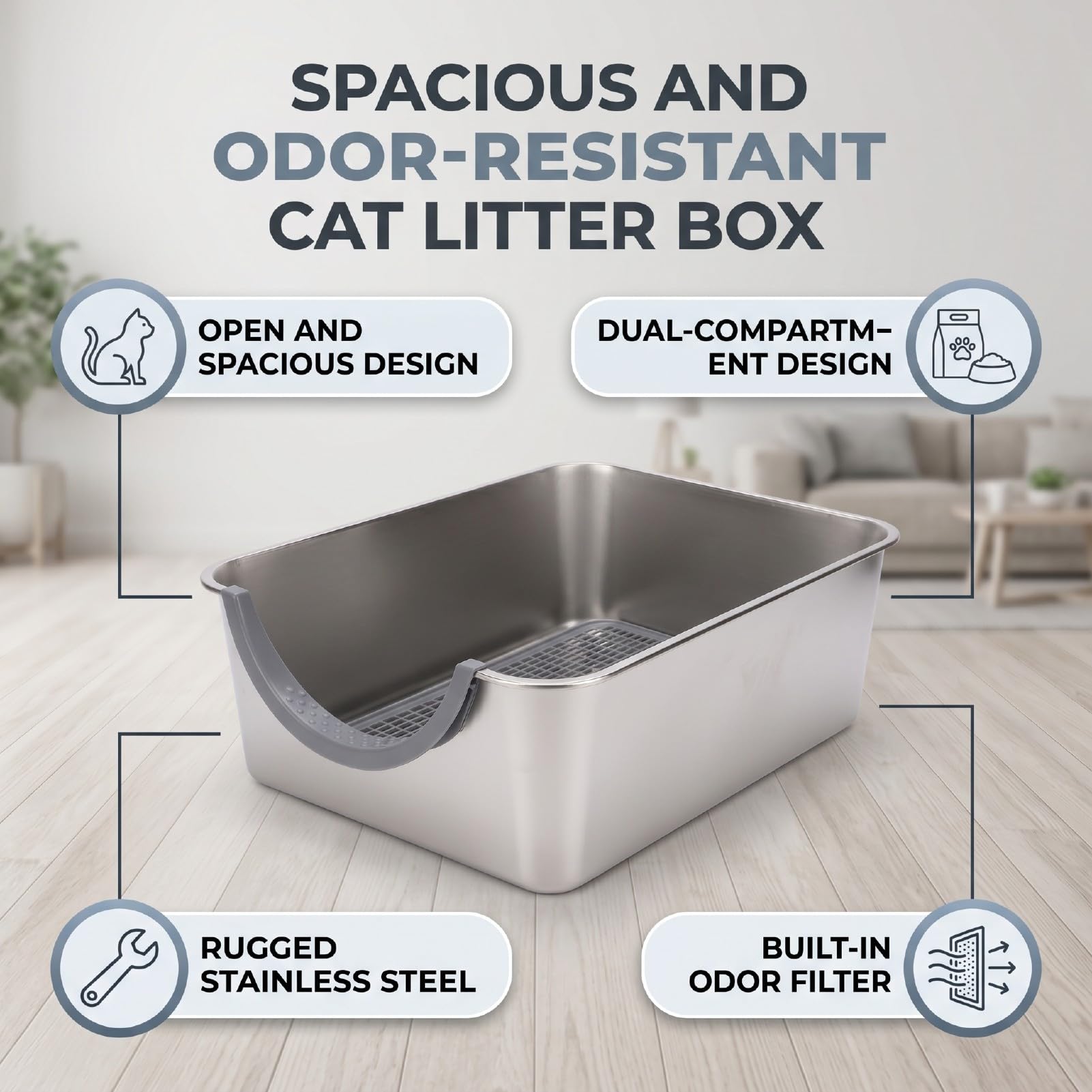 Katzenstreu- und Futterstation, Luxuriöse Katzentoilette aus Edelstahl, Doppelkammer-Design für Große Katzen, Katzenpflege und Hygieneartikel