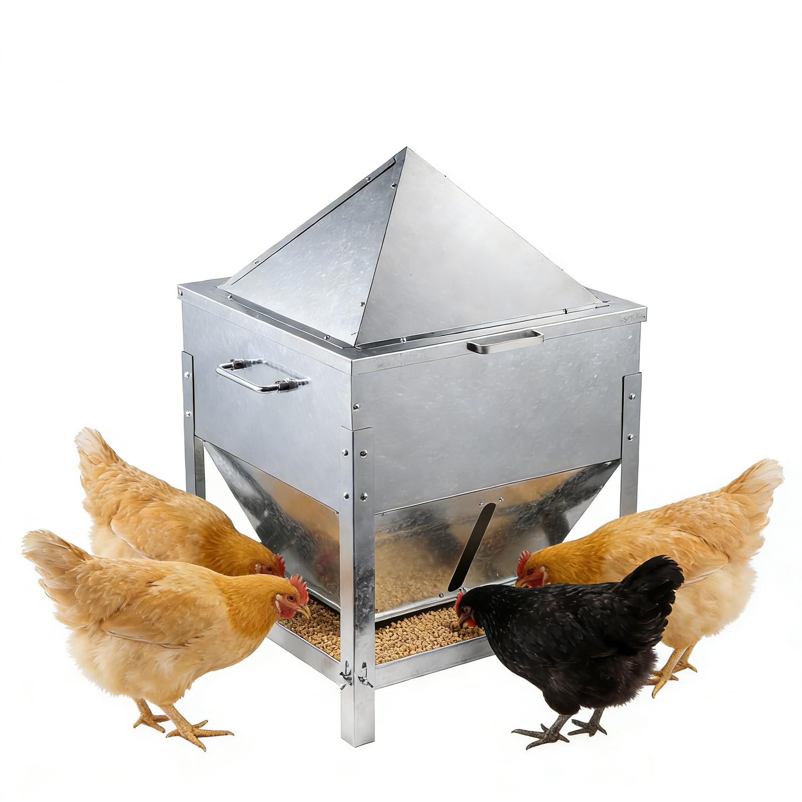 Comedero automático de pollo, comedero de pollo de gran capacidad de 80 libras, comedero de aves de corral sin residuos con patas y tapa a prueba de lluvia, comederos de metal para aves de corral al