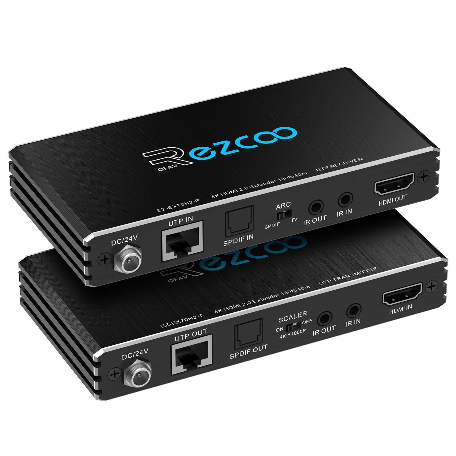 ROFAVEZCO HDMI Extender Arc 4K 60Hz (4:4:4 8bit) HDR10 18Gbps Tramite Cat5e Cat6 con SPDIF Toslink, Poe bidirezionale+IR+CEC - 230ft 1080P, 130ft 4K HDMI2.0 HDCP2.2, Atmos, DTS:X, Down-Scale 4K