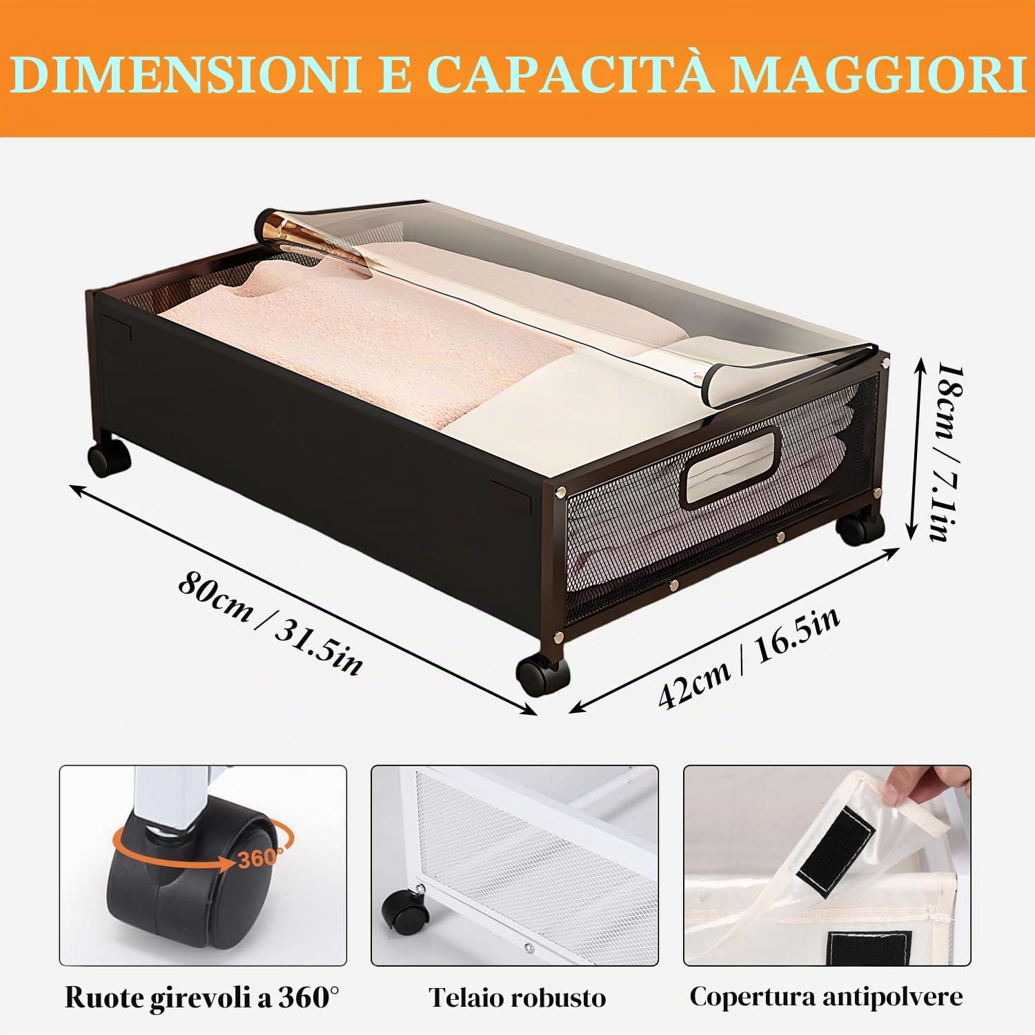 Contenitore sotto il letto, 2 pezzi, con ruote, altezza 15 cm, stabile, con coperchio e maniglia, per vestiti, giocattoli, scarpe e coperte