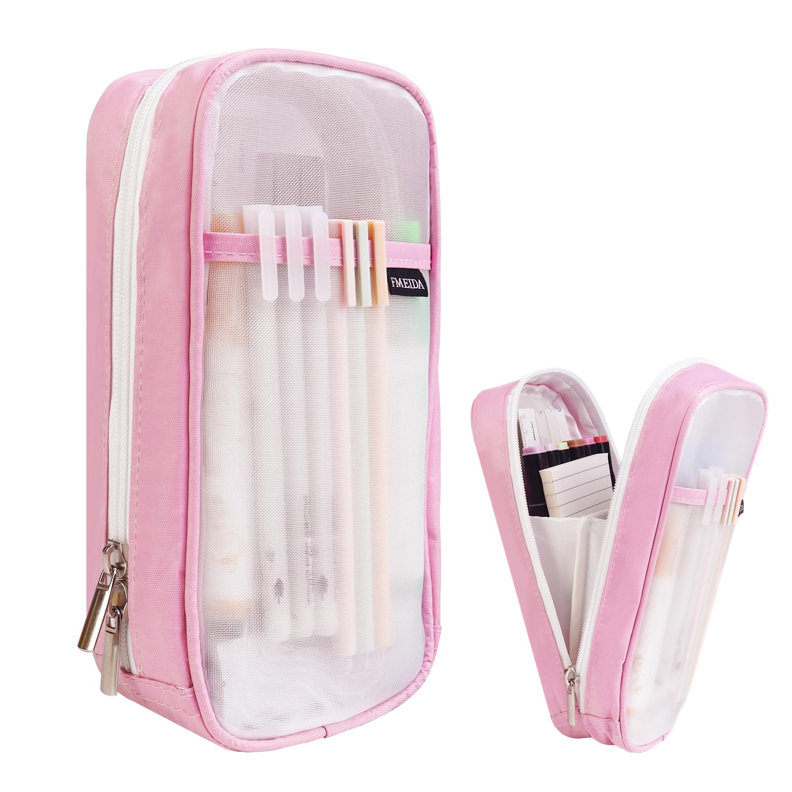 FmeidaGrid Mesh Pencil Case - Upgraded 4 Compartment Pencil Pouch, Clear Adult Pencil Bag Aesthetic Marker Pouch Stationary Bag Office Organizer for College Business Travel - Pink&White