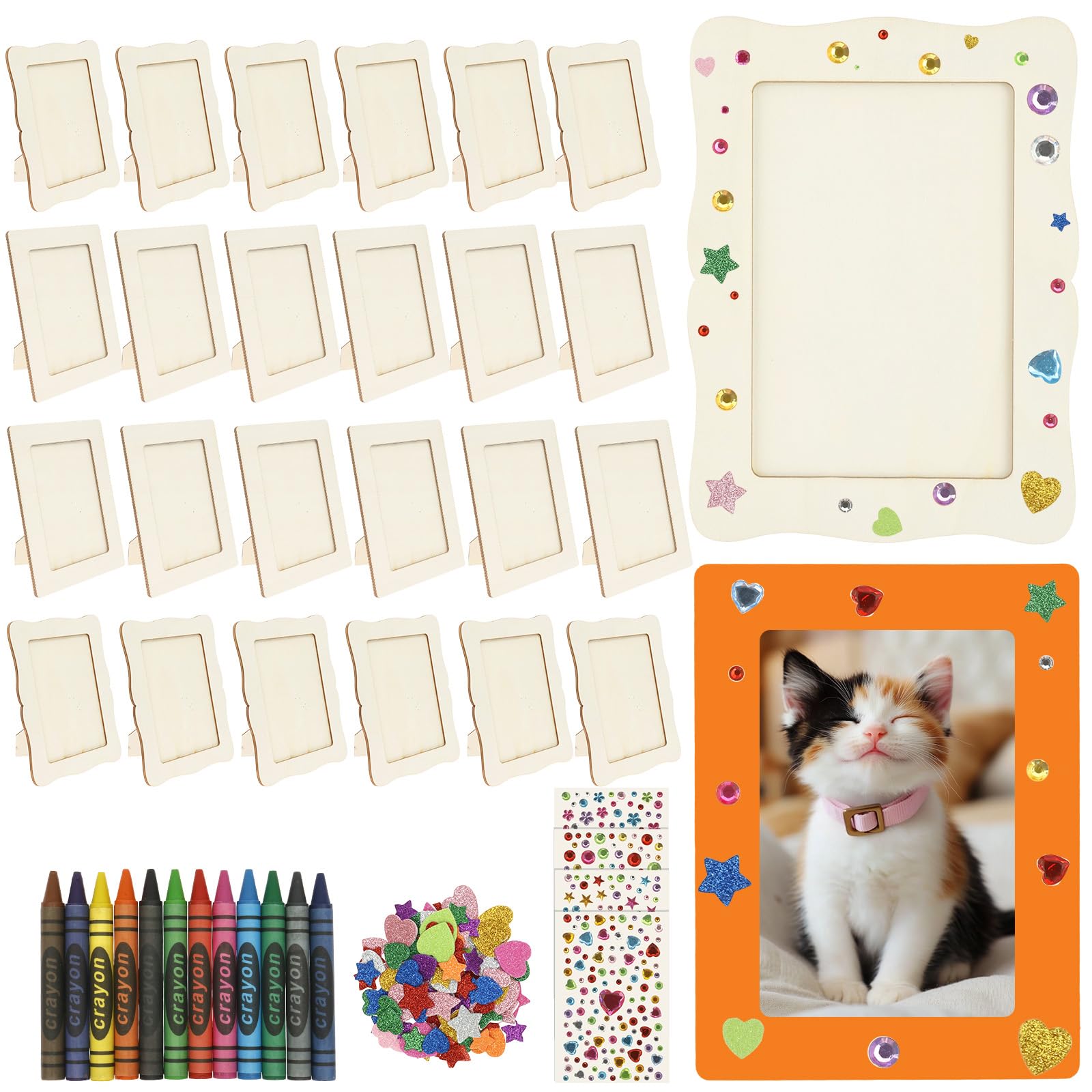 24 Stück Holzbilderrahmen zum Bemalen Set | DIY Fotorahmen Holz Unbehandelt mit Glitzersteinen Sticker und Stiften Kindergeburtstag Bastelset Stehend Hängend