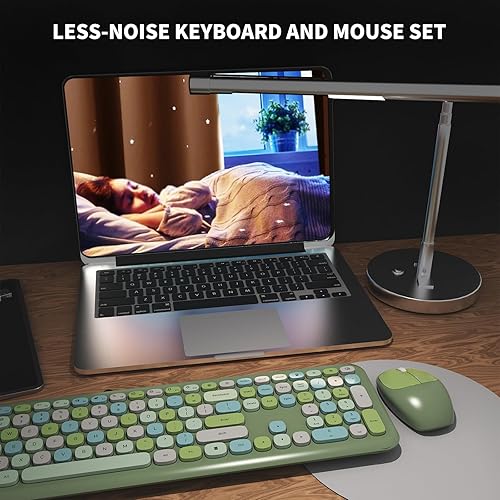 Vista 22 de Combo de teclado y mouse inalámbricos, colorido teclado ergonómico de tamaño completo con diseño retro, silencioso, con teclas bonitas, compatible