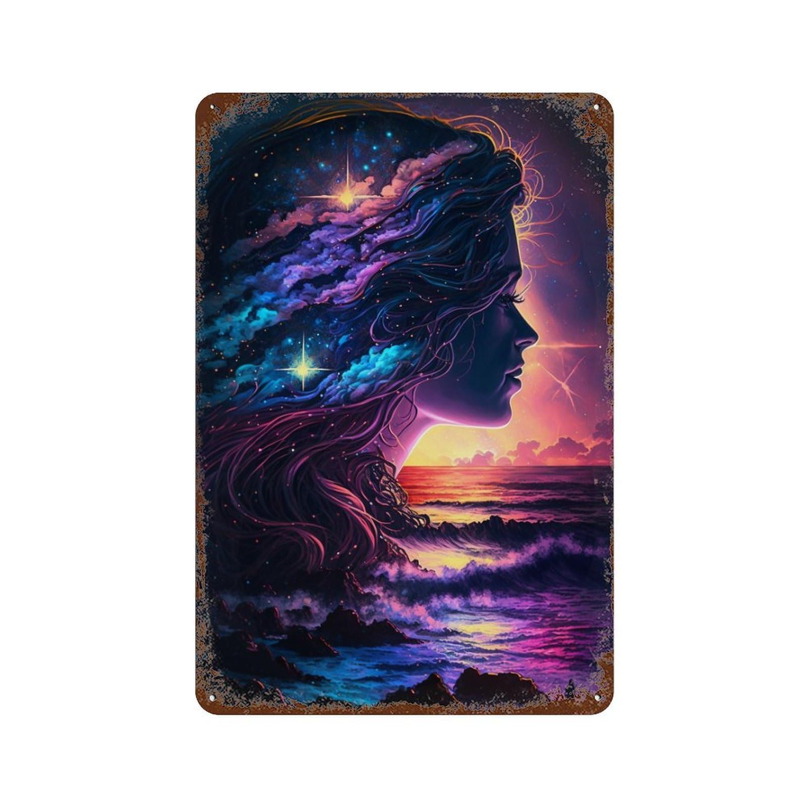 Galactic Ocean Sunset 11.8"x7.9" Distressed Metal Wall Sign, Retro Wall Decor for Garage, Bar And Workshop Decor