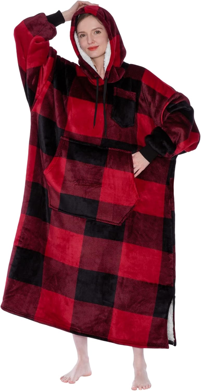 PAVILIA Blanket Hoodie for Women Red, Sherpa Wearable Blanket Men, Cozy Oversized Sweatshirt Blanket, Warm Fleece Hooded Blanket Sweater with Sleeves and Giant Pocket, Adult Long, Plaid Red - Image 8
