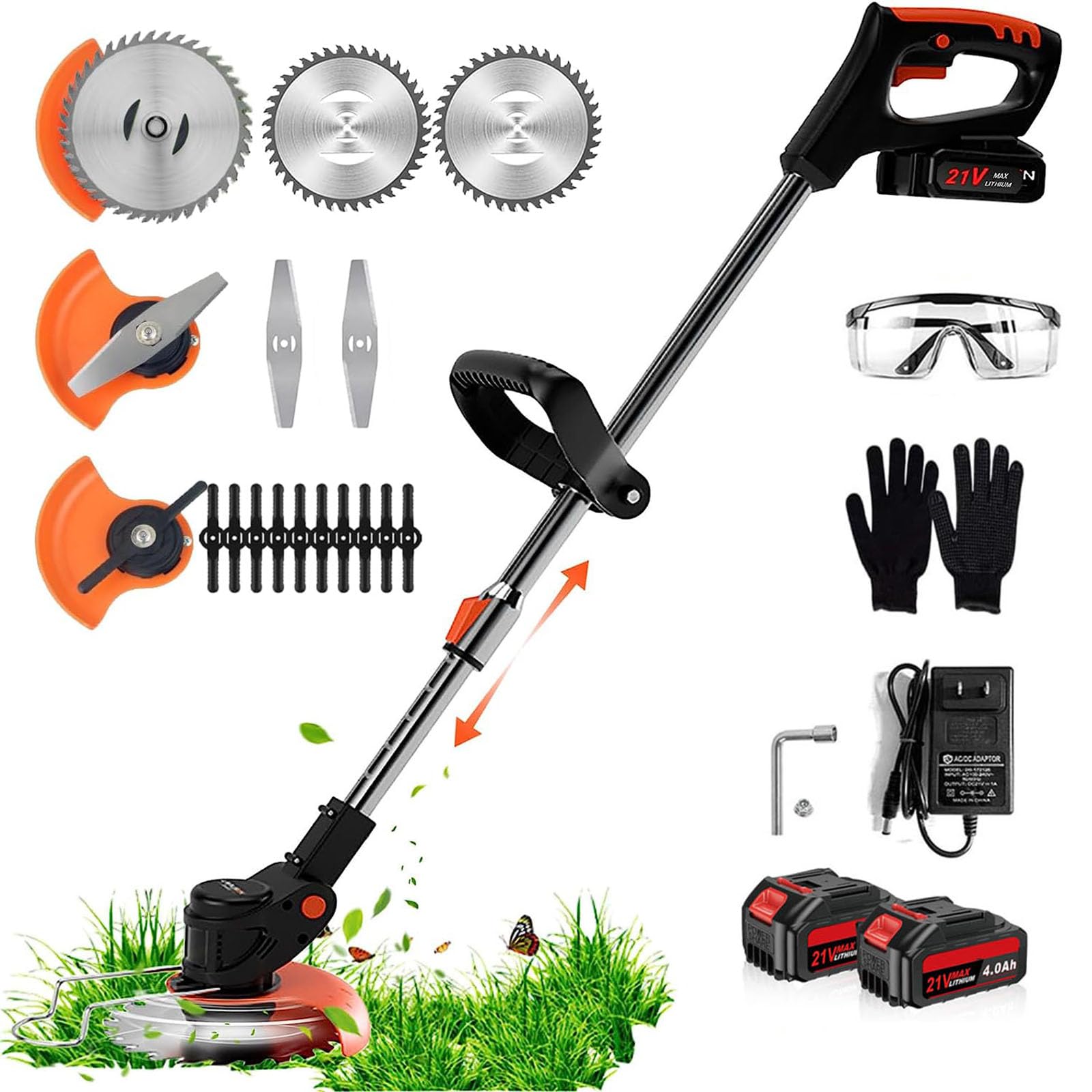 Electric Weed Eater 21V Cordless Weed Wacker Battery Powered Brush Cutter, 3 in 1 Blades Lightweight Grass Trimmer Edger Lawn Tool with 2Pcs 4.0Ah Battery, Edger for Yard Garden