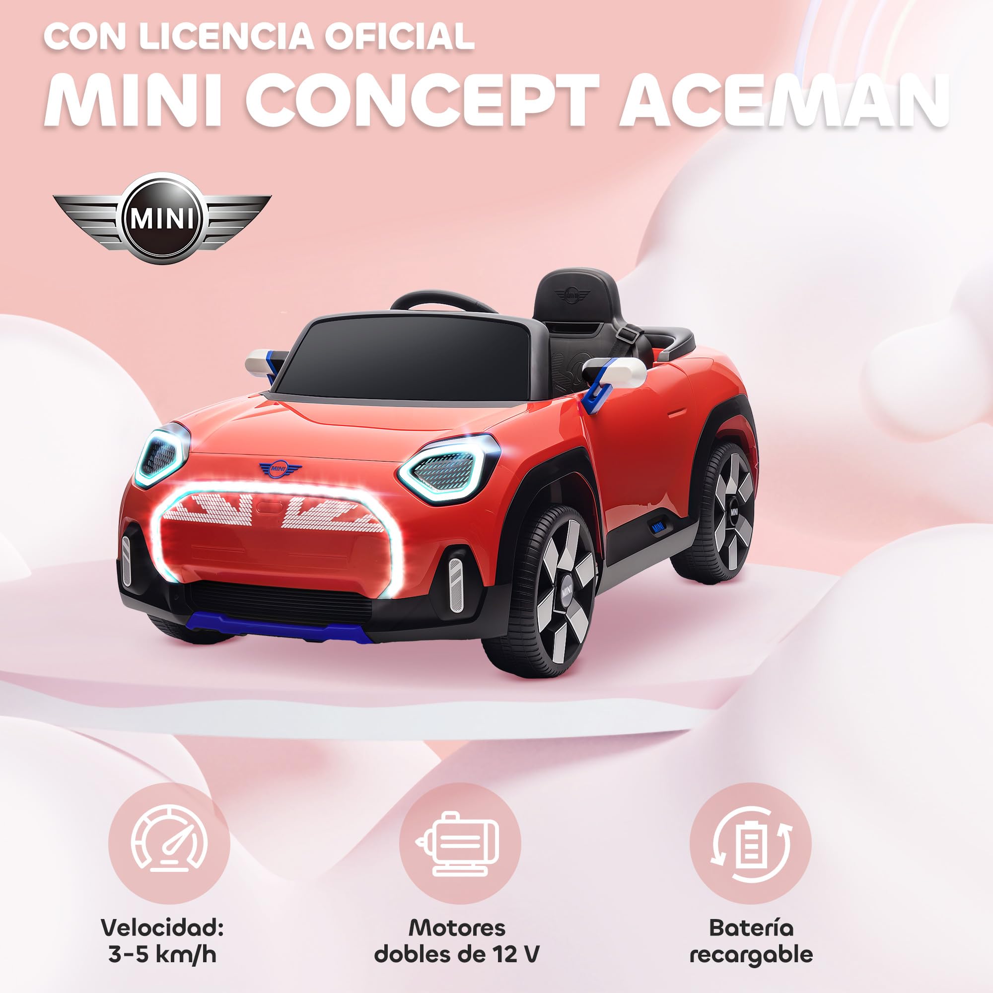 AIYAPLAY Coche Eléctrico 12V para Niños +3 Años, Mini Aceman, Bluetooth, Mando 2,4G, Motor Doble, Rojo