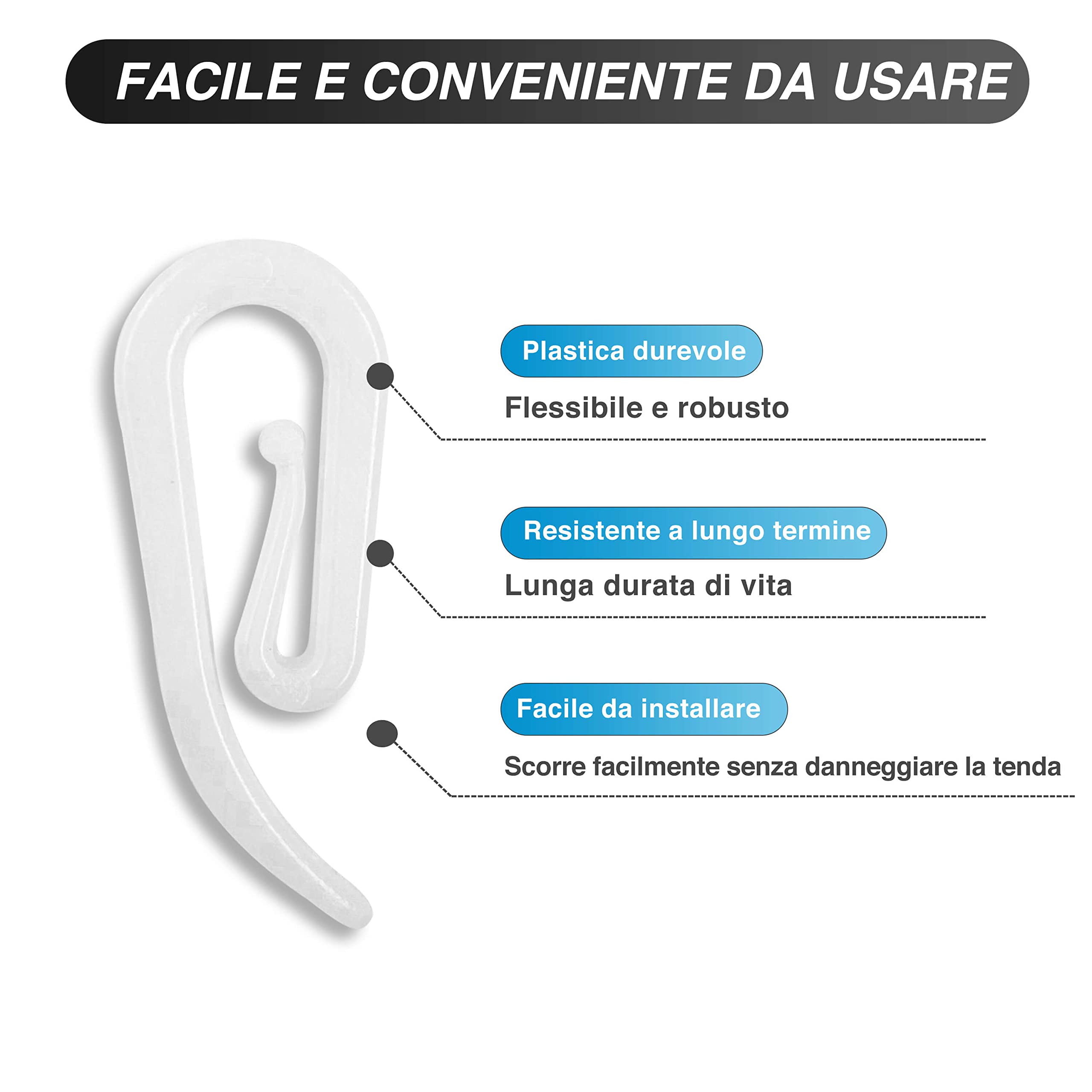 100 Ganci Per Tende In Plastica Bianchi - Rinforzati Per Tende Da Doccia E Finestre - Foto 7