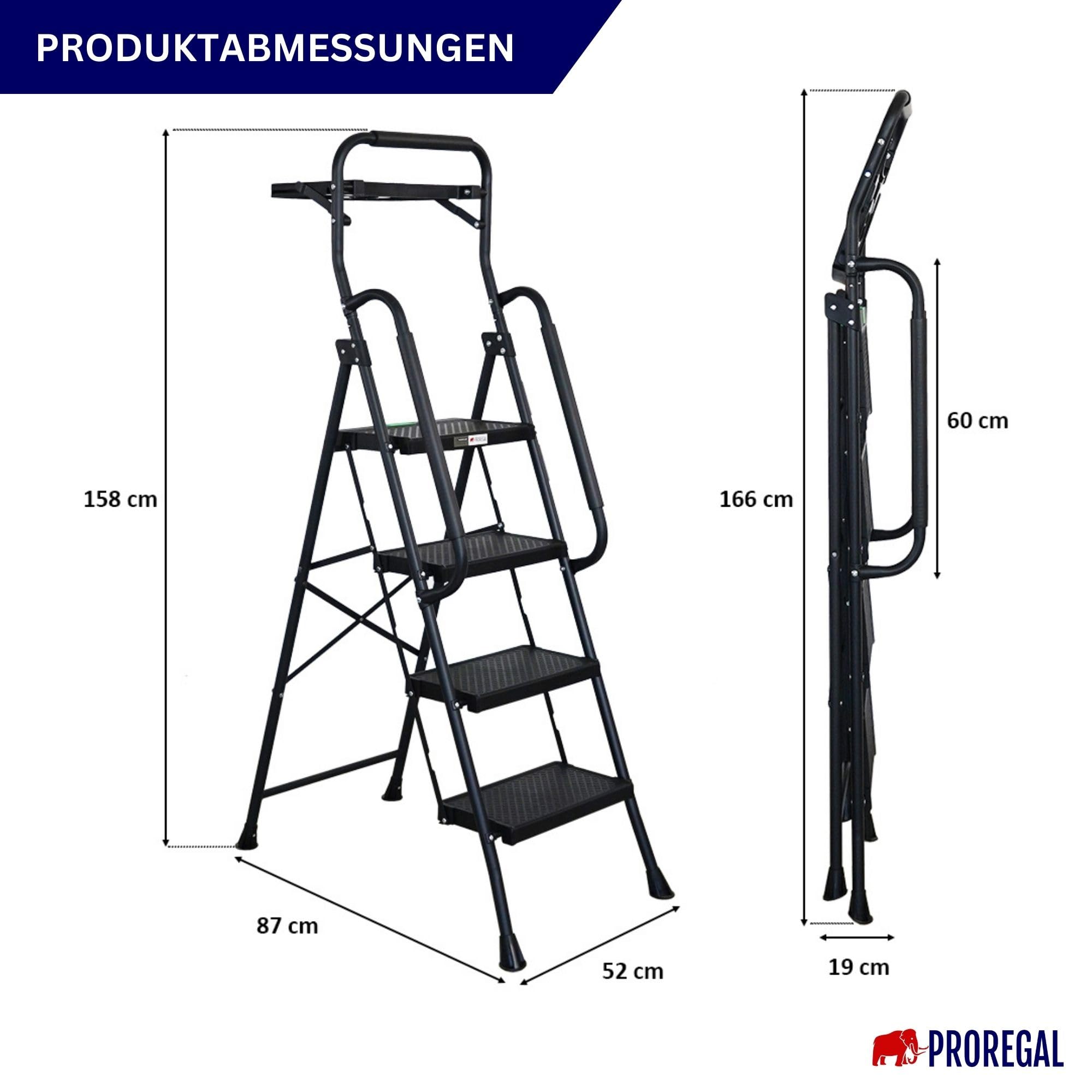 PROREGAL Profi-Escabeau pliant avec certification TÜV/GS, avec arceau manuel et plateau à outils 4 marches avec surface striée HxLxP 160x51x87cm Capacité de charge 150kg Acier Noir, Marche Pied Pliant