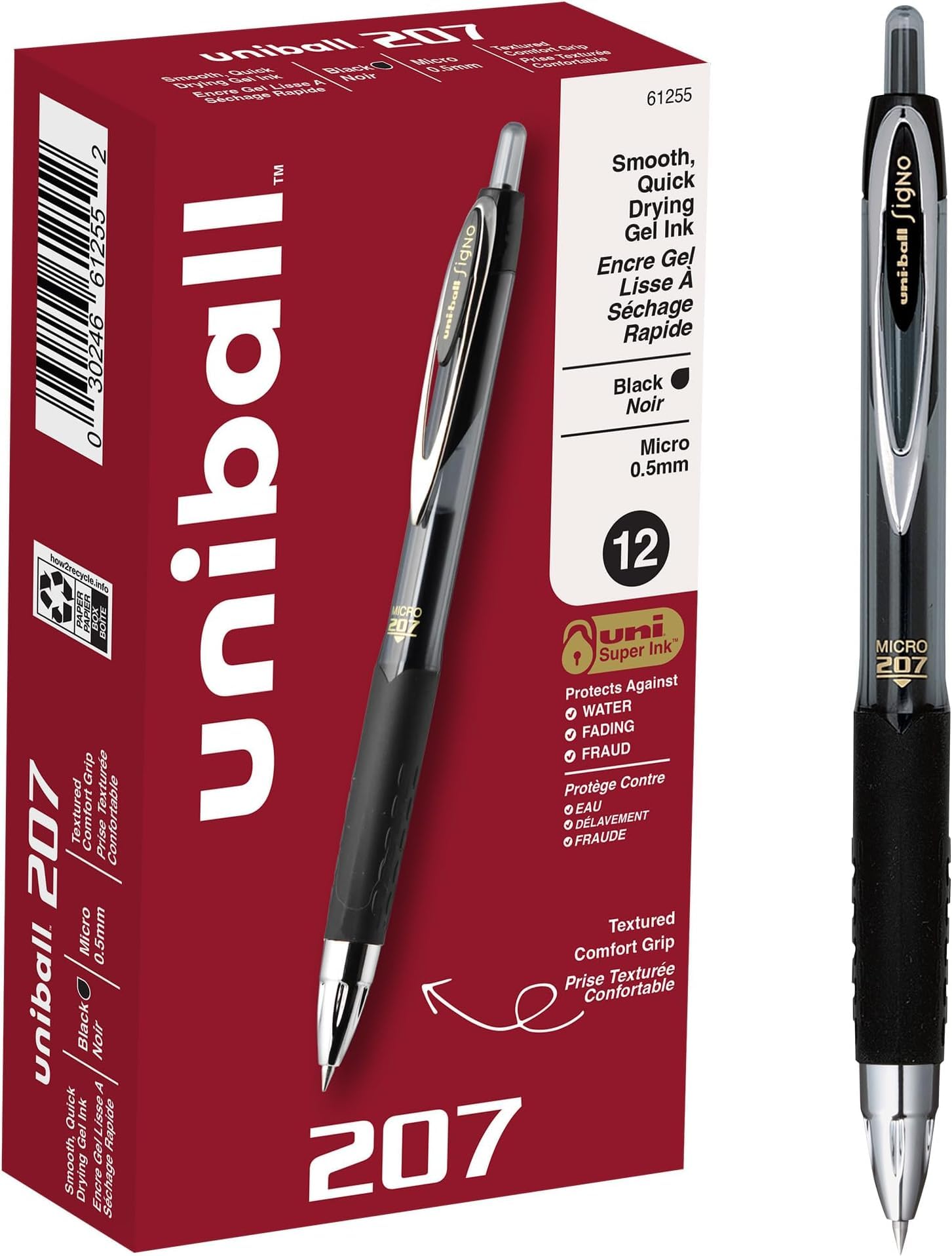 uniball 207 Retractable Gel Pens, Micro Point (0.5mm), Black, 12 Count (Pack of 12)