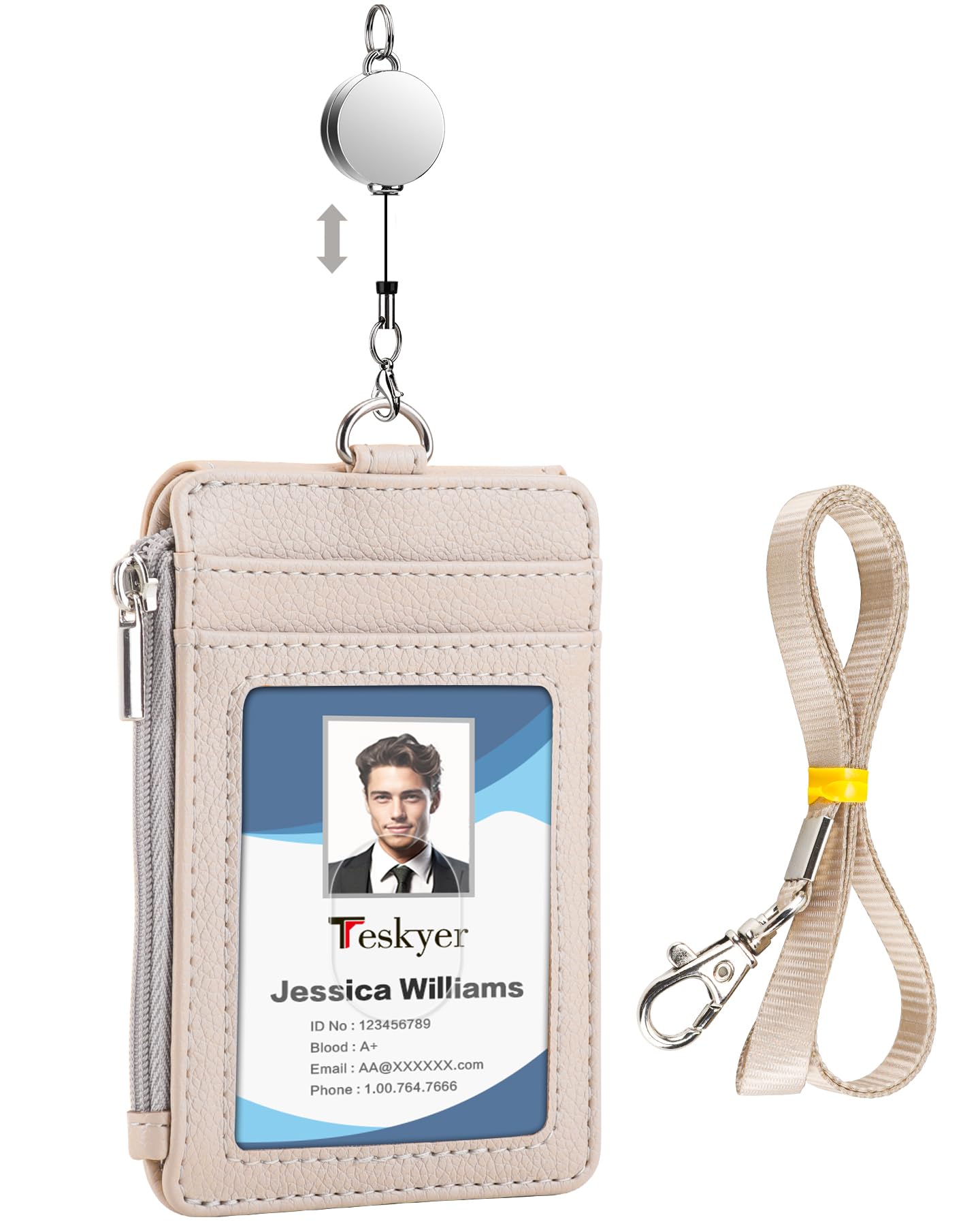 Teskyer Faux Leather ID Badge Holder - Retractable Lanyard with 4 Card Slots & Zip Pocket, Oyster/Bus Pass Storage, Vertical Design (Beige)