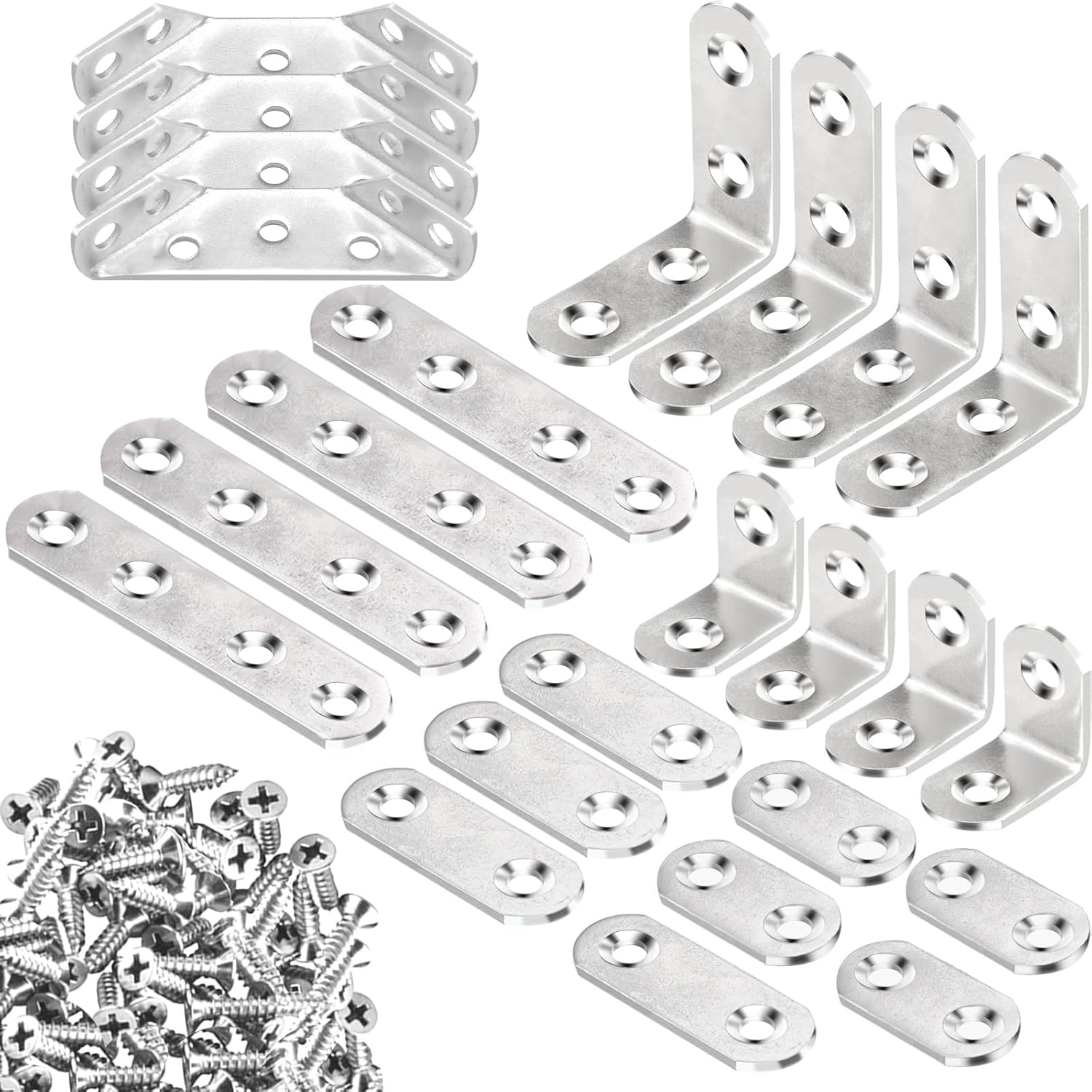 24 Pcs Corner Brace Flat Straight Bracket Sets, Stainless Steel L Brackets for Wood, Various Mending Plates with Screws