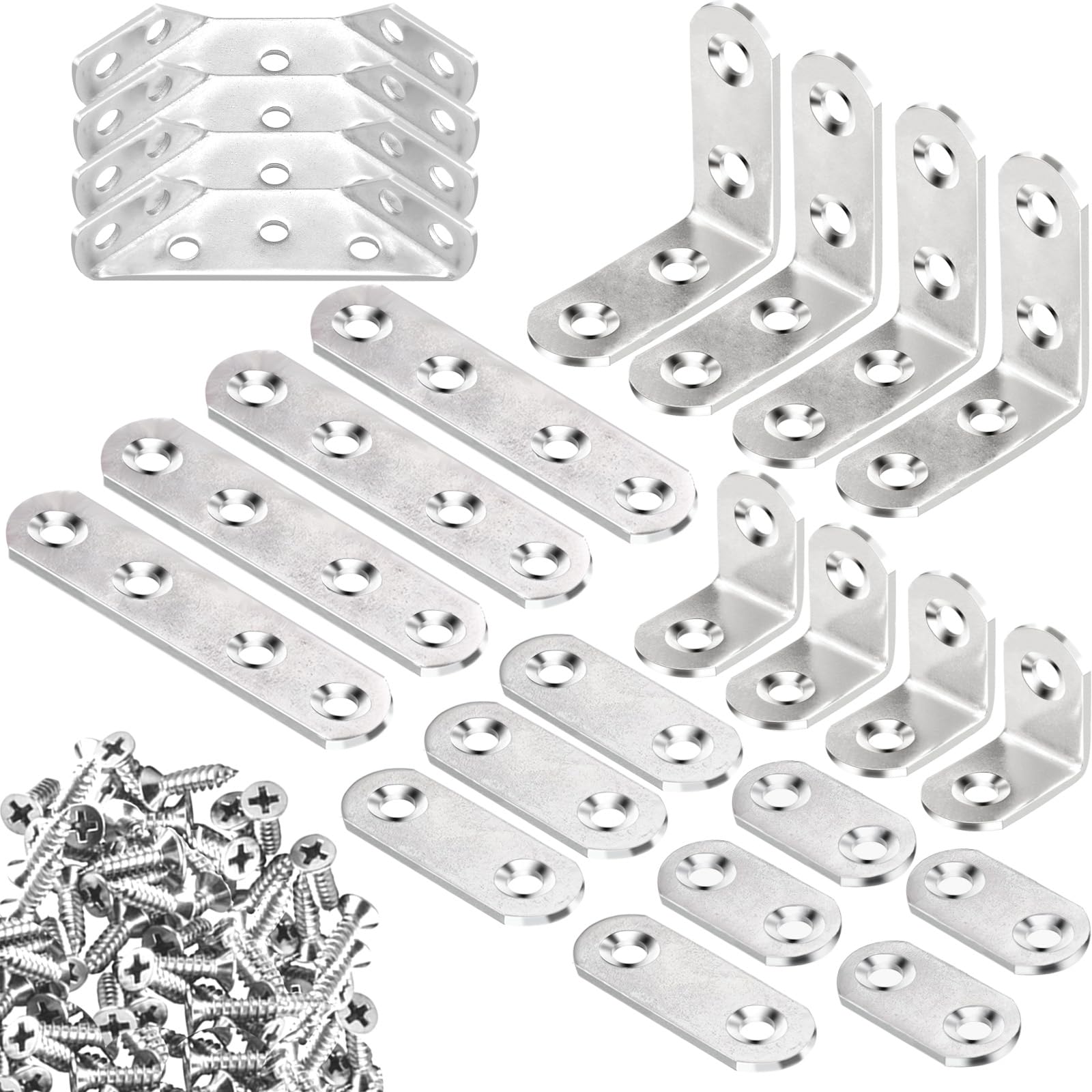108 conectores universales de acero inoxidable para muebles, soporte de esquina en forma de L, placas de reparación planas rectas, soporte de conector de esquina triangular (84 tornillos)
