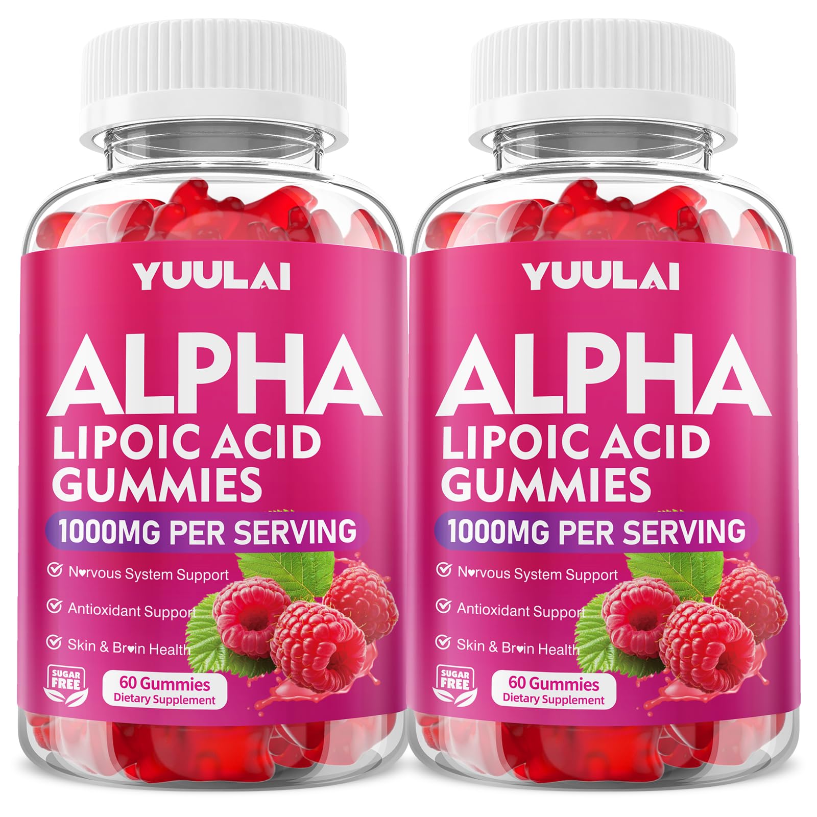 Pack of 2 Alpha Lipoic Acid Gummies 1000MG with Biotin, High Absorption Chewable ALA Supplement for Antioxidant, Brain Health and Nerve Support, Raspberry Flavor, 120Count 120 Count (Pack of 1)
