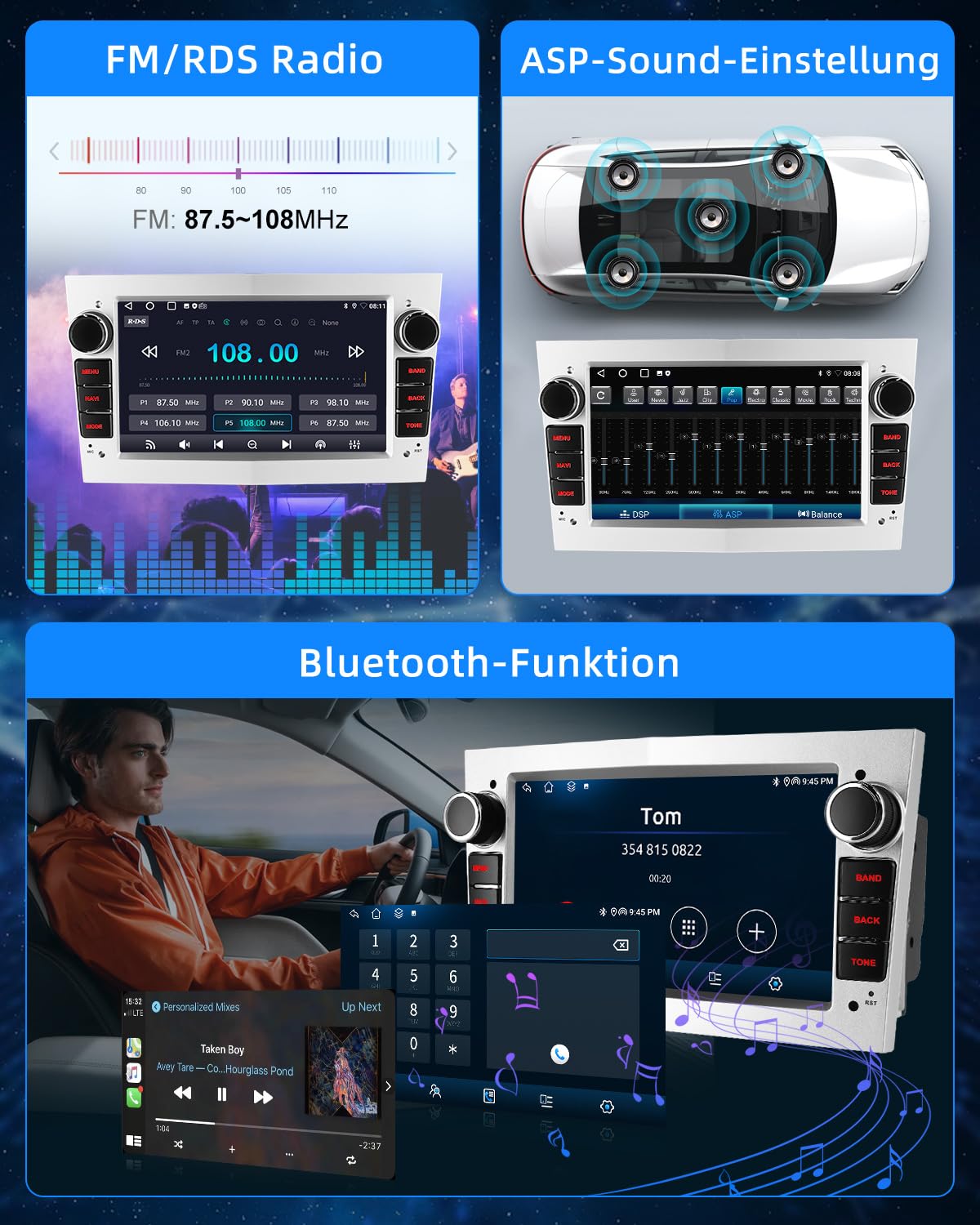 ESSGOO 4+64G Wireless Autoradio Android 15 mit Carplay und Android Auto Für Opel Astra H Corsa C/D Vectra C Zafira 7 Zoll IPS Touchscreen Bluetooth FM RDS GPS Silber Mikrofon