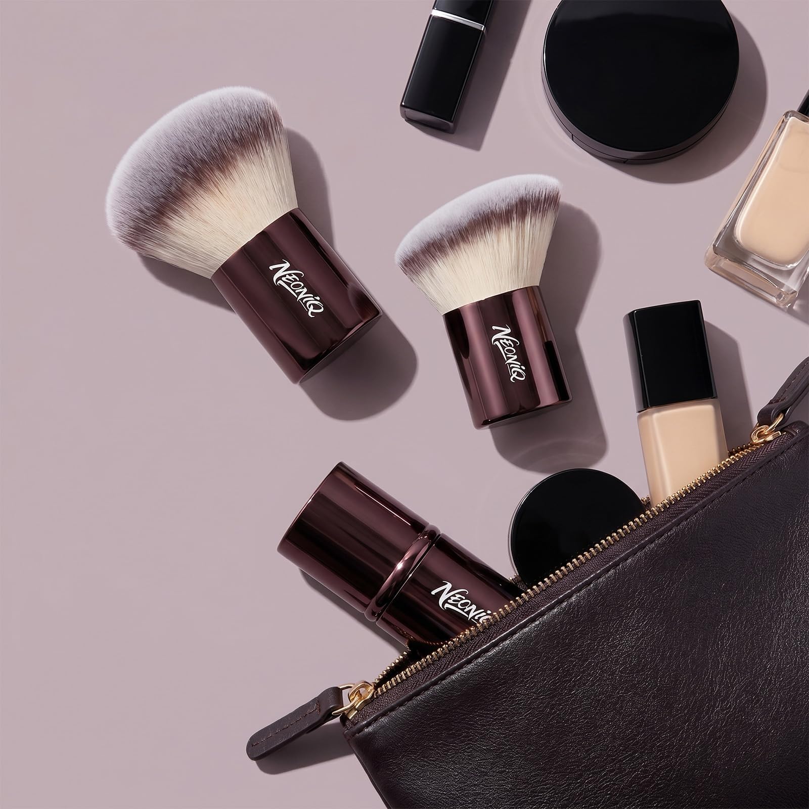 Kabuki Foundation-Pinsel-Set, Reisegröße, Make-up-Pinsel mit Konturpinsel, tragbarer Concealer und Foundation-Pinsel für Flüssigkeit/Creme/Puder, vegan und tierversuchsfrei, Braun, 3-teilig