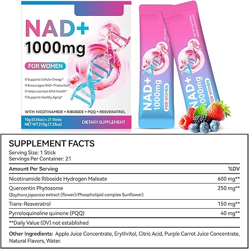 Miniatura 9 de Akeeronn Suplemento NAD+ de 1,000 mg líquido, suplemento líquido para mujeres con nicotinamida, ribósido, PQQ y resveratrol, sabor a bayas para