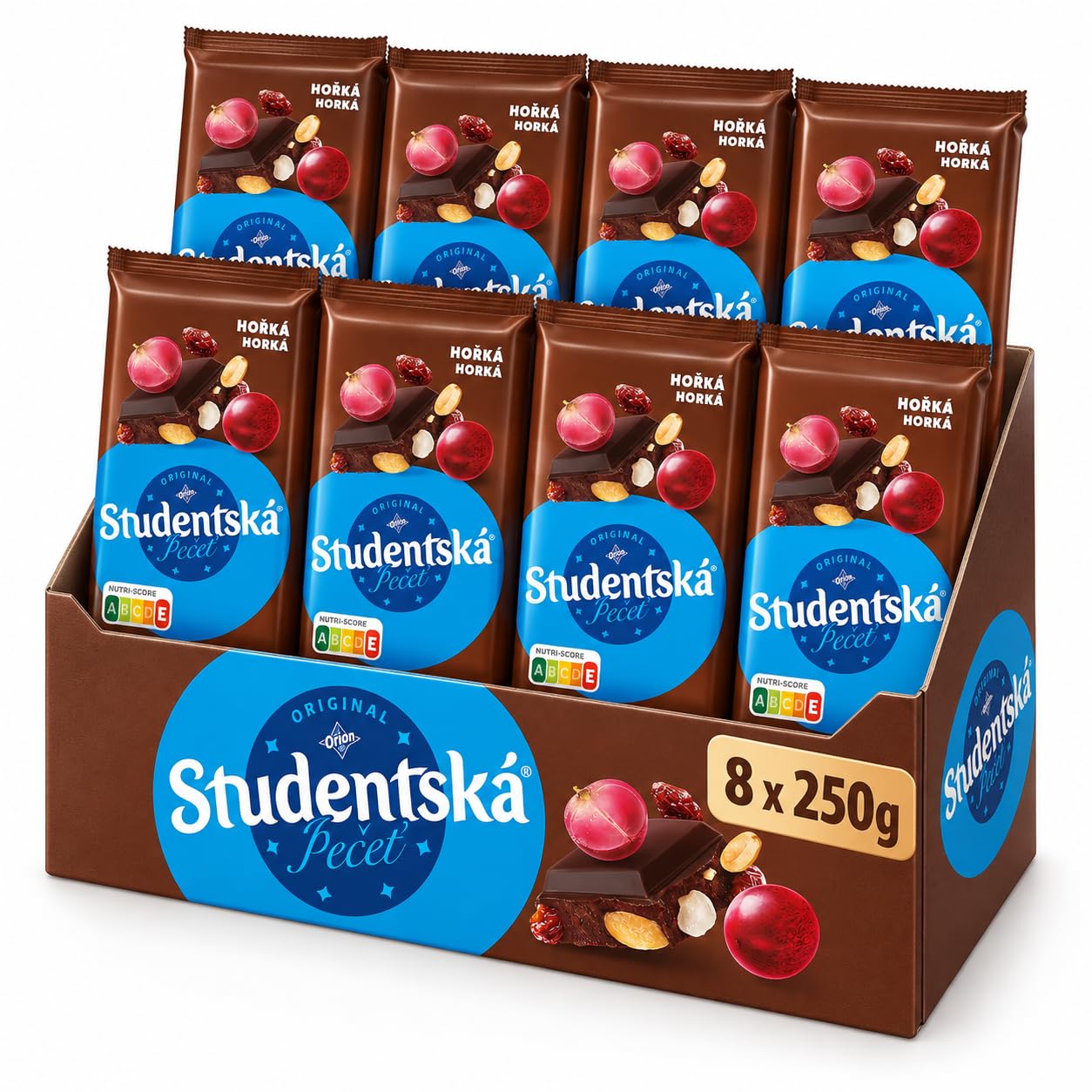 ORION Studentská pečeť, chocolate negro con cacahuetes, pasas y gelatina, 8 × 250 g