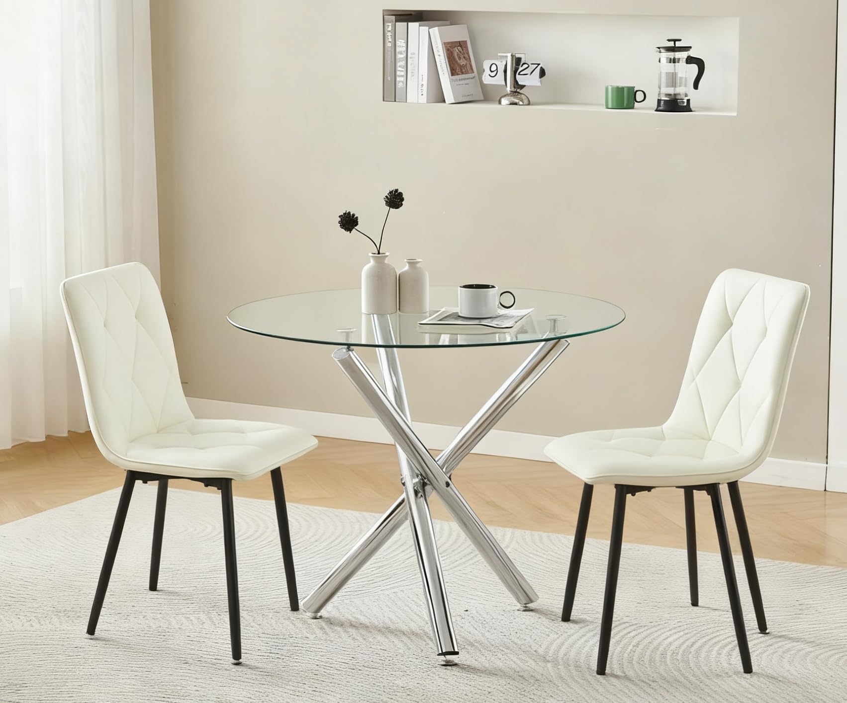 Pantanal 90cm Round Glass Dining Table and Grey Leather Chairs Set of 2, Modern 3 Pieces Compact Kitchen Table with 2 Argyle Grid Chairs for Dinette Restaurant Small Space — image 1