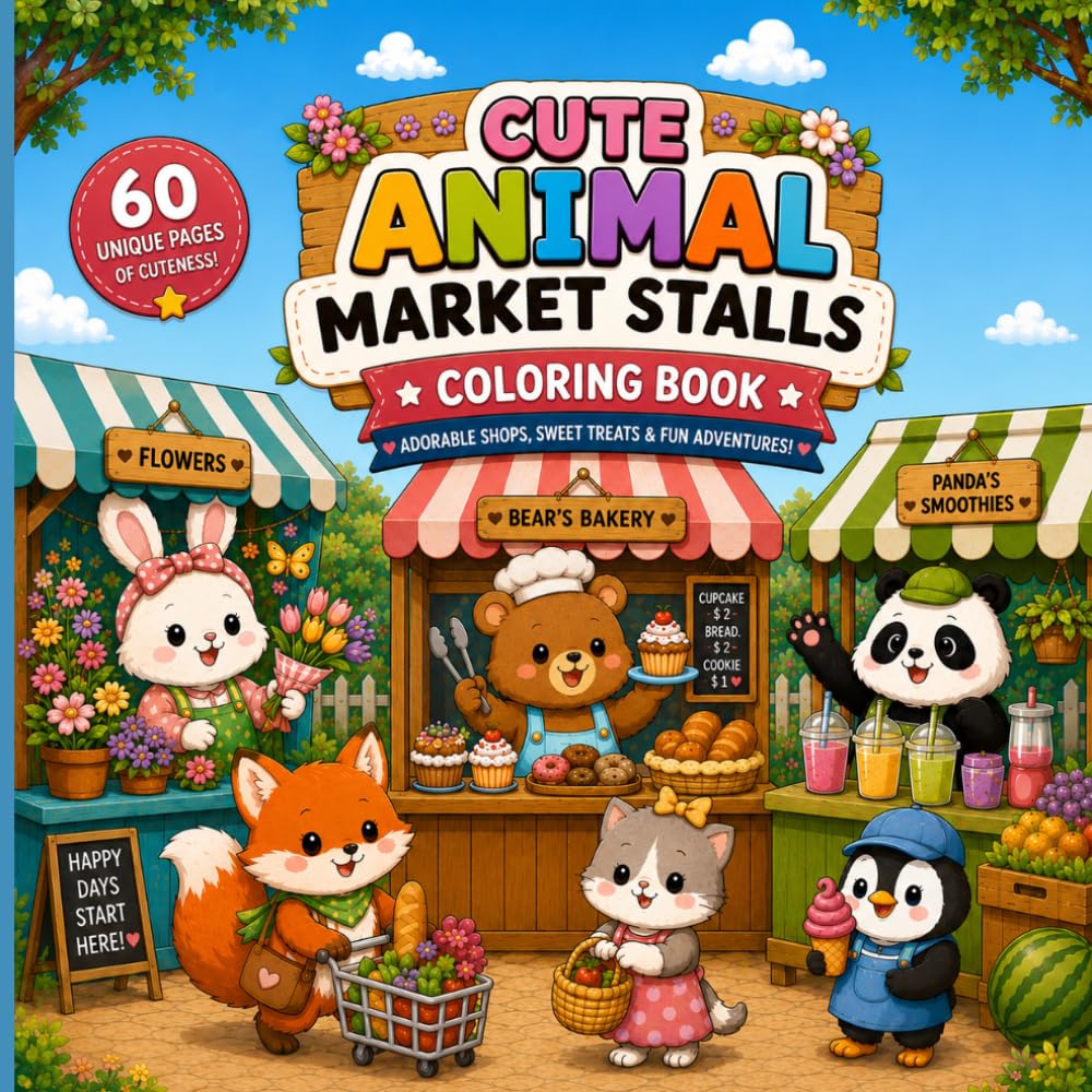 Cute Animal Market Stalls Coloring Book: Adorable Animal Shops, Sweet Treats, and Cozy Coloring Fun (Color Craftery Cozy Coloring Collection)
