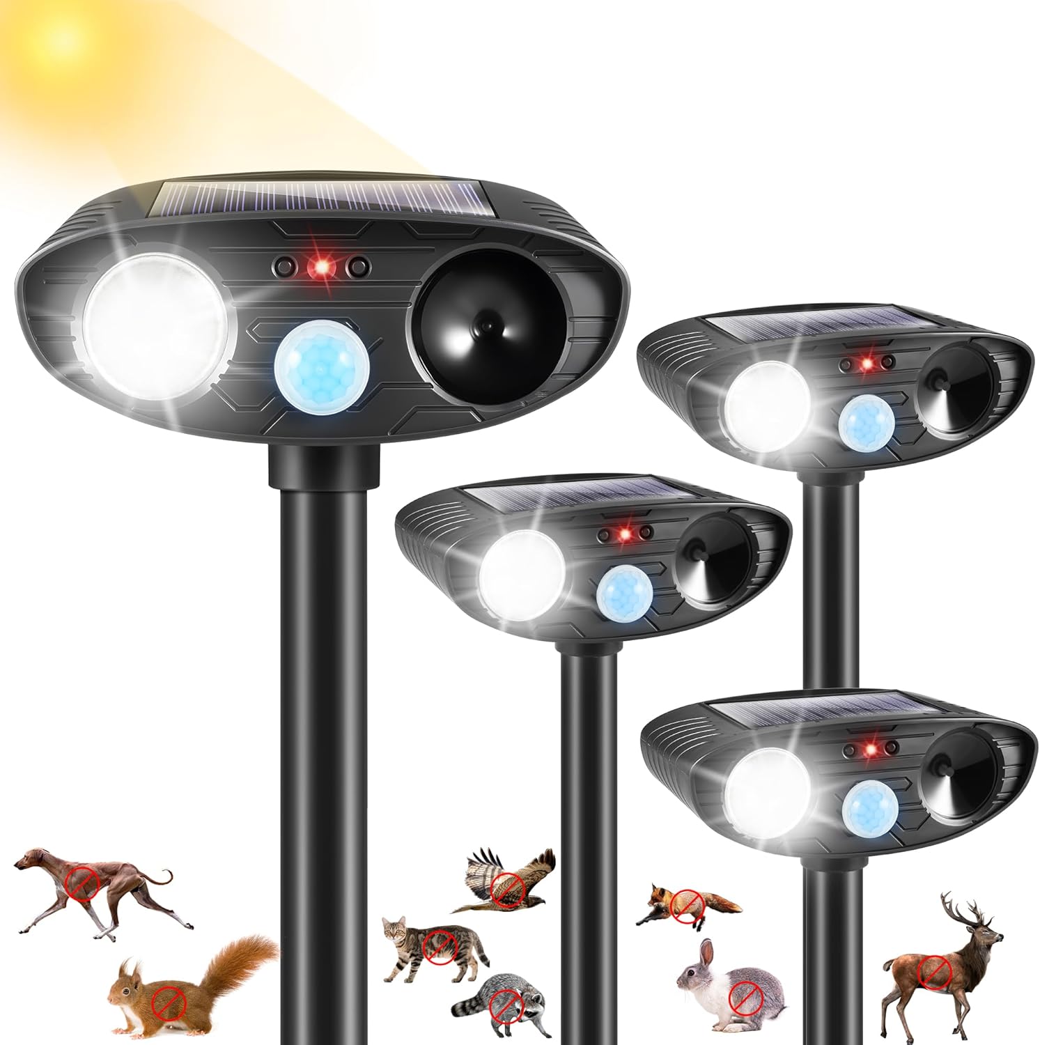 4Pack Ultrasonic Raccoon Repellent Outdoor Solar Animal Repellent with Motion Sensor&Strobe Light Cat Deterrent Outdoor Deer Repellent Device to Scare Skunk Squirrel Rabbit Repellent for Yard